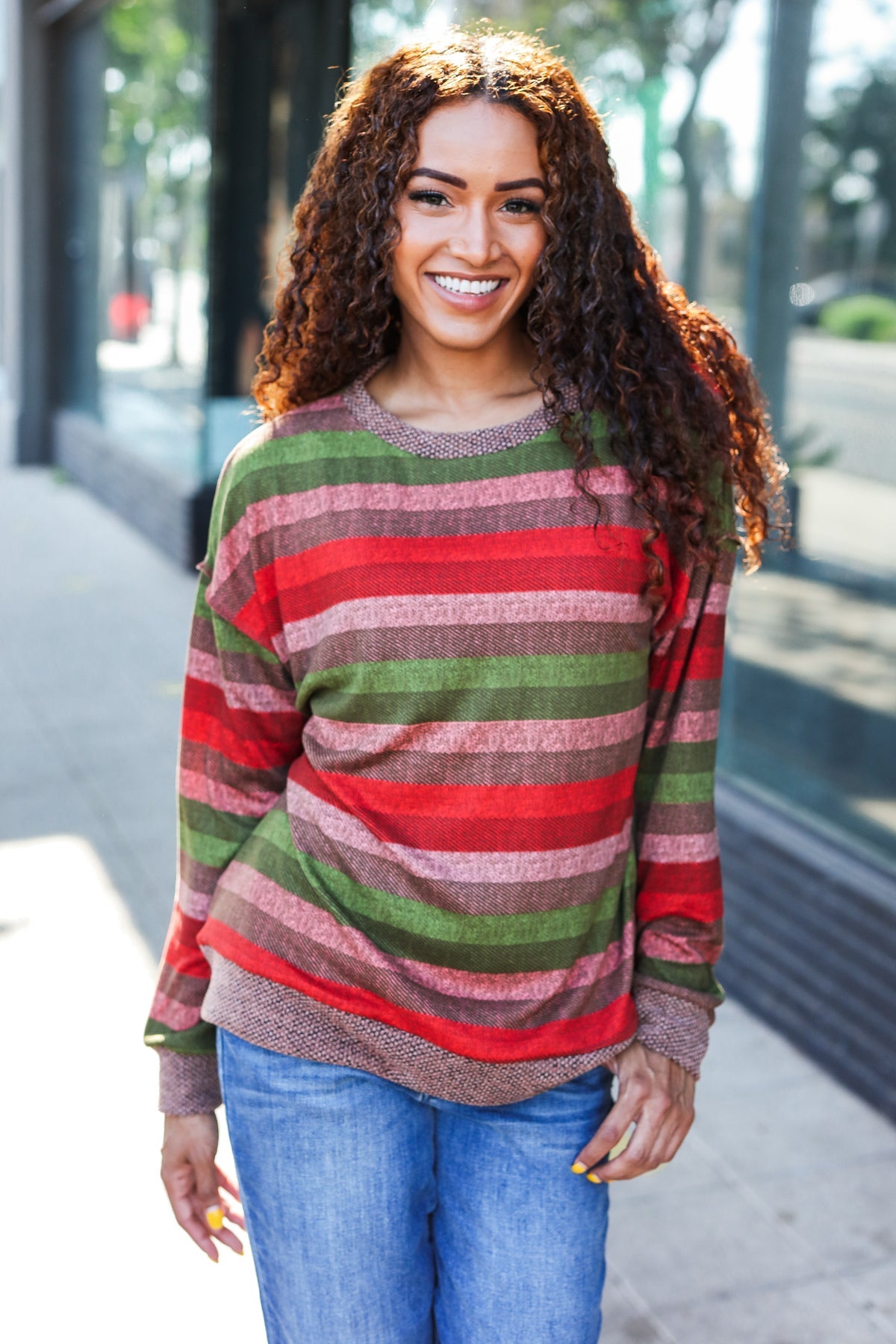 Perfectly You Olive & Mauve Stripe Two-Tone Banded Sweater Top