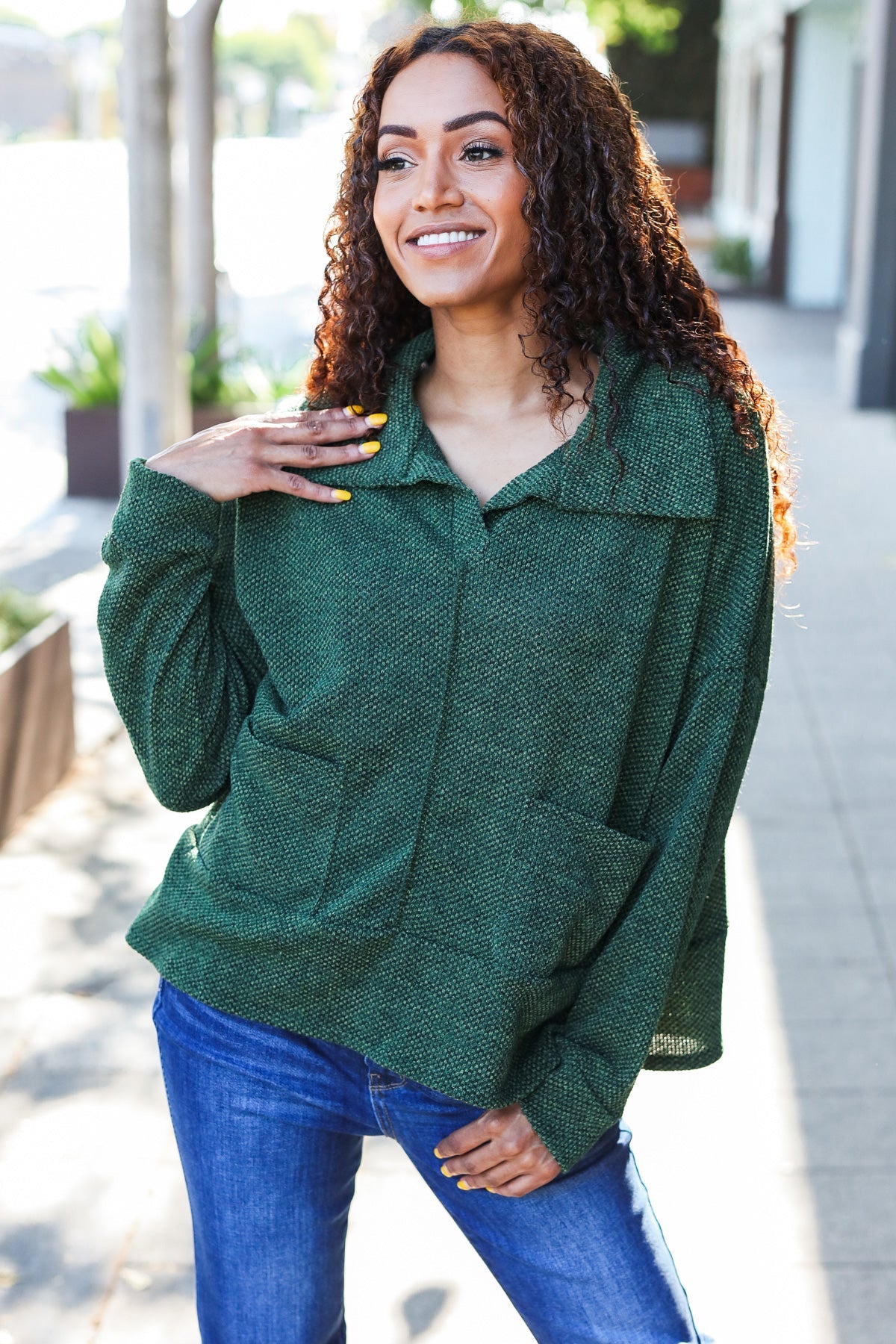 Easy Living Olive Textured Knit Notch Neck Oversized Collar Sweater