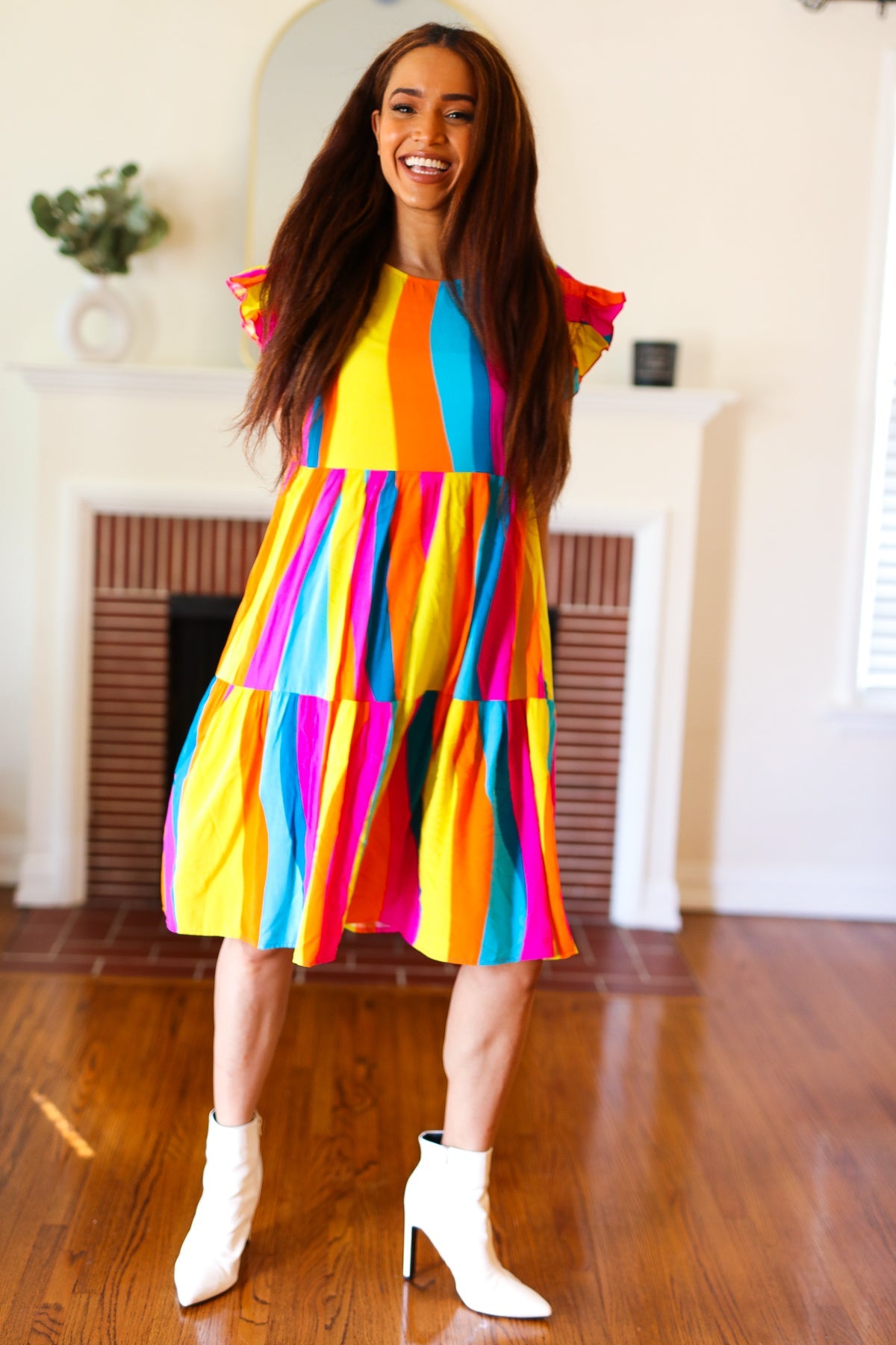 Eyes On You Multicolor Abstract Print Smocked Ruffle Sleeve Dress