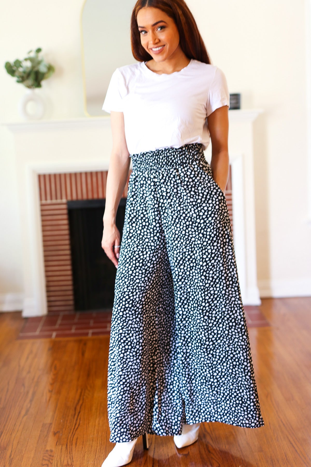 Let's Meet Up Black Animal Print Smocked Waist Palazzo Pants