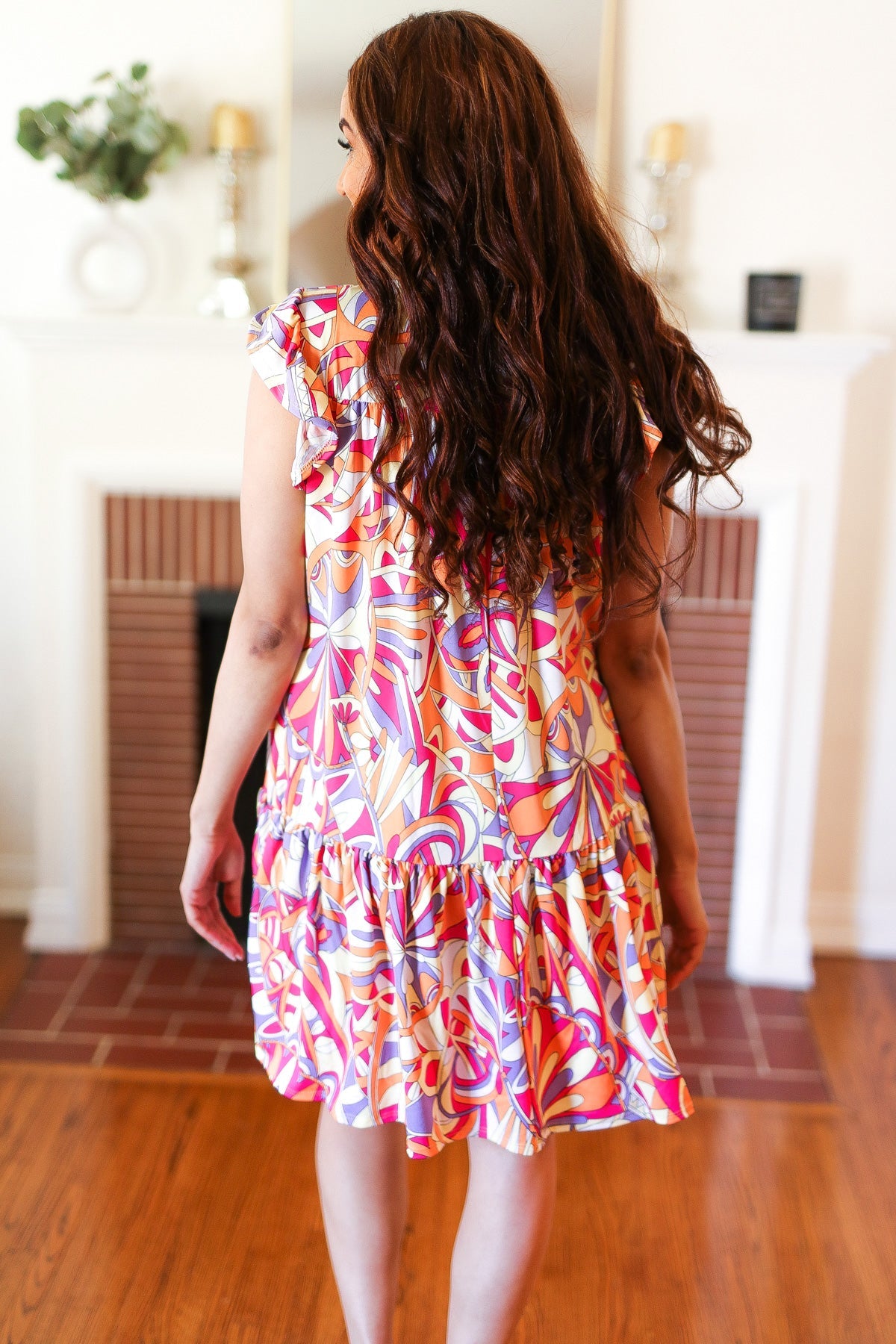 Multicolor Geometric Midi Flutter Sleeve Dress