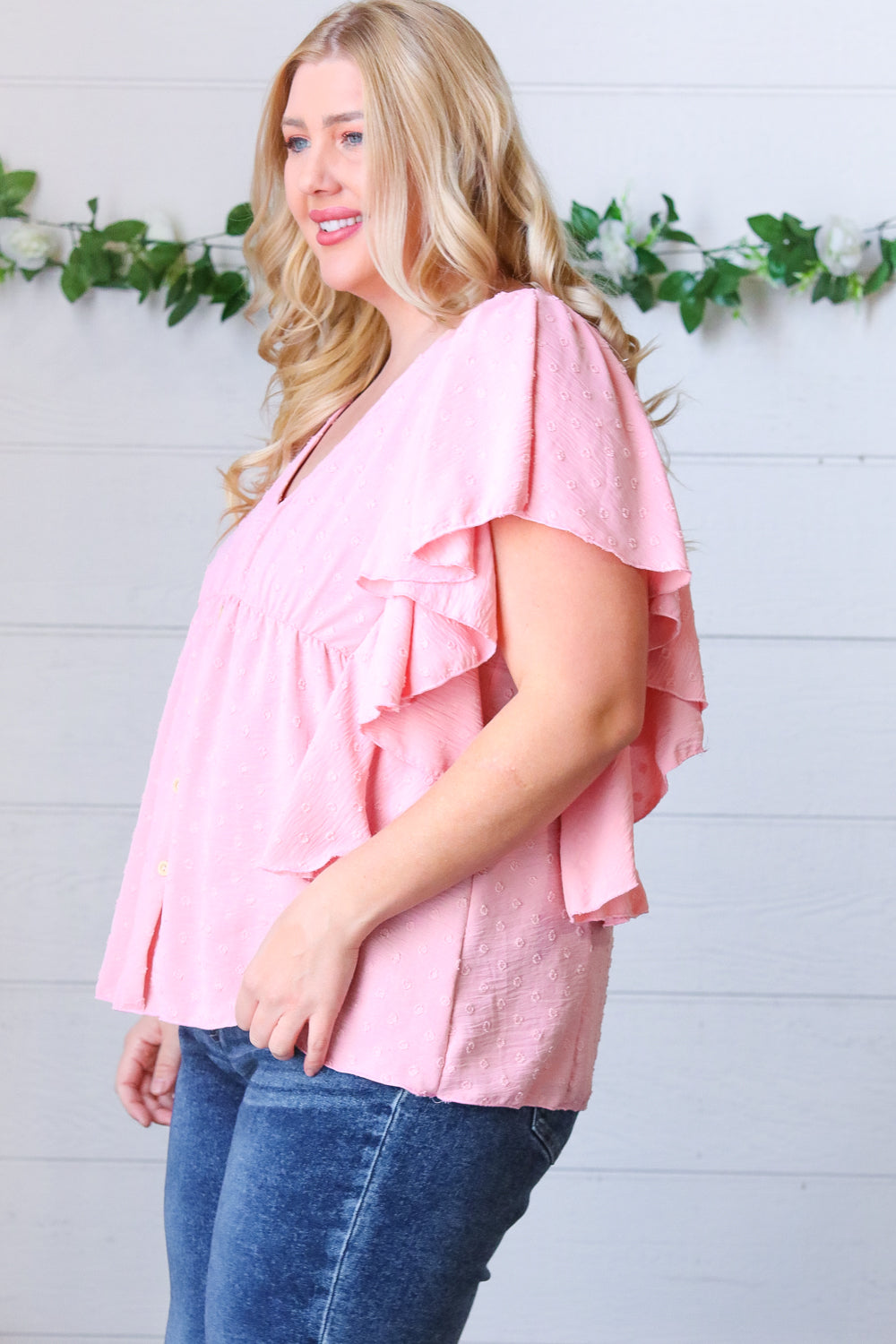 Soft Pink Swiss Dot Ruffle Woven Top