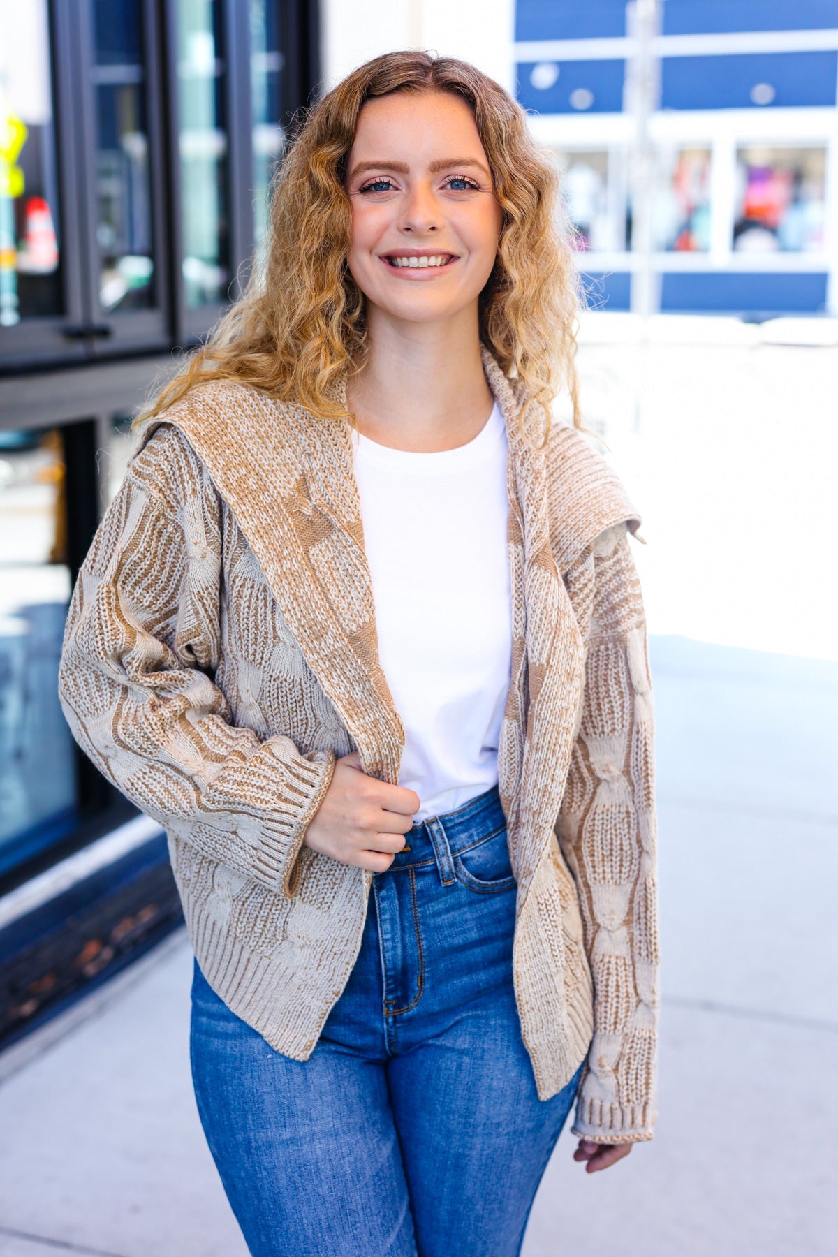 Autumn Vibes Taupe Textured Cable Knit Collared Cardigan