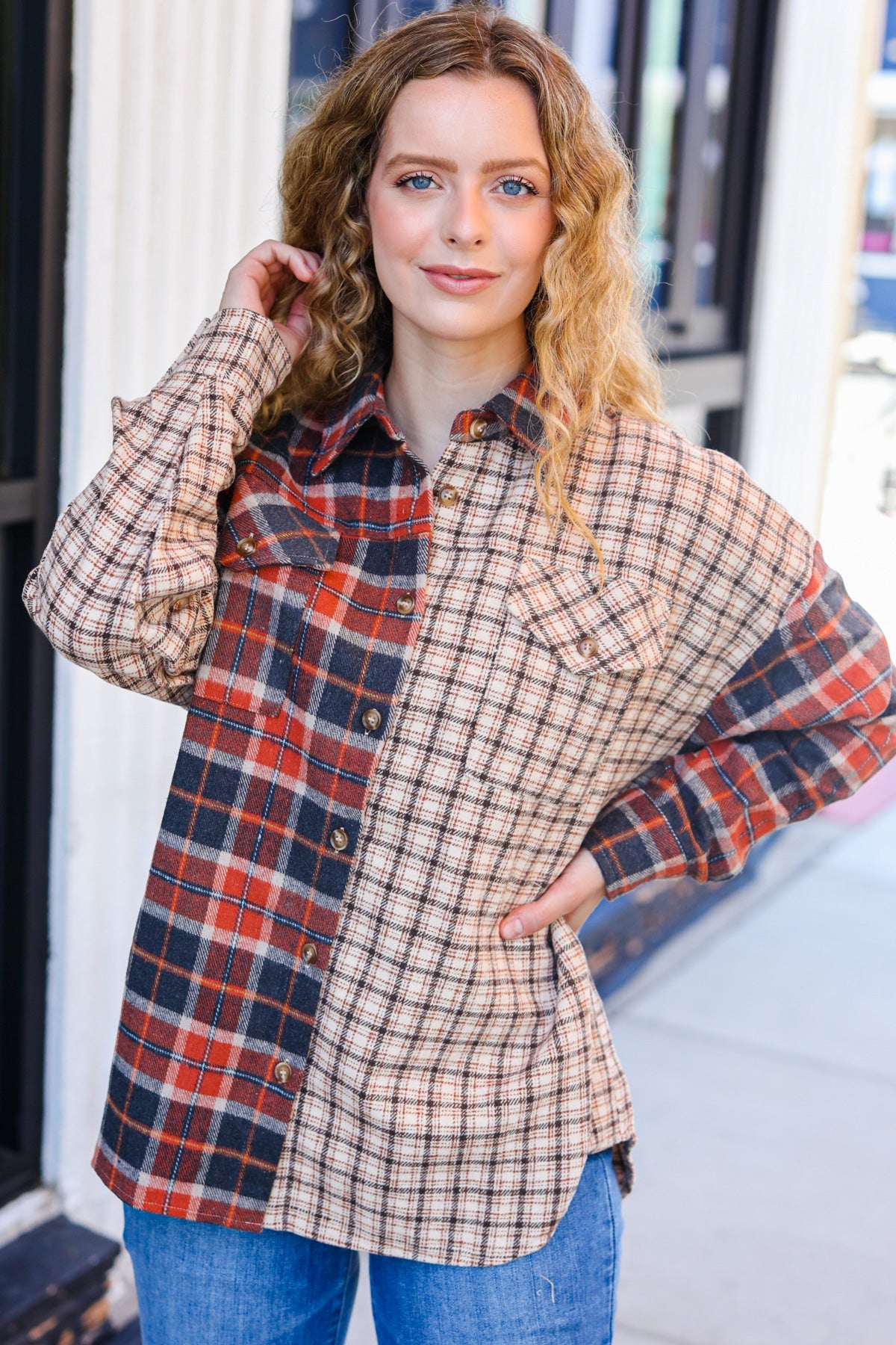 Make A Statement Rust & Taupe Plaid Color Block Shacket