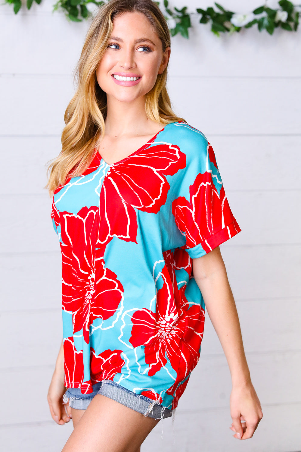 Teal & Cherry Red Floral Print V Neck Top