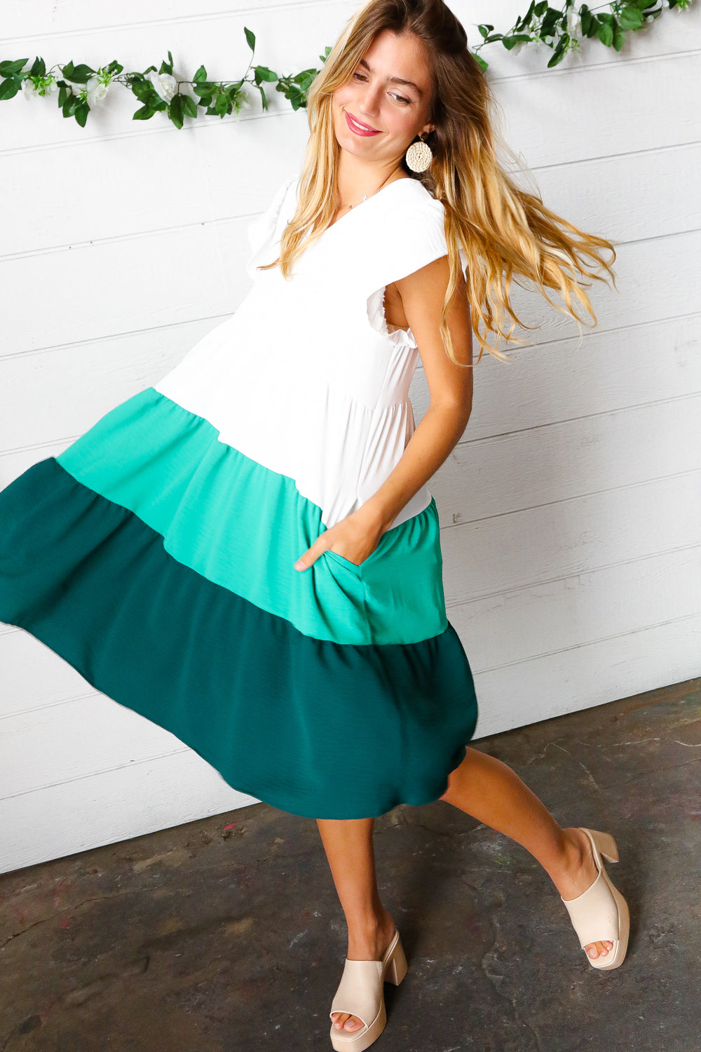 Seafoam & Emerald Tiered Frill Sleeve Midi Dress