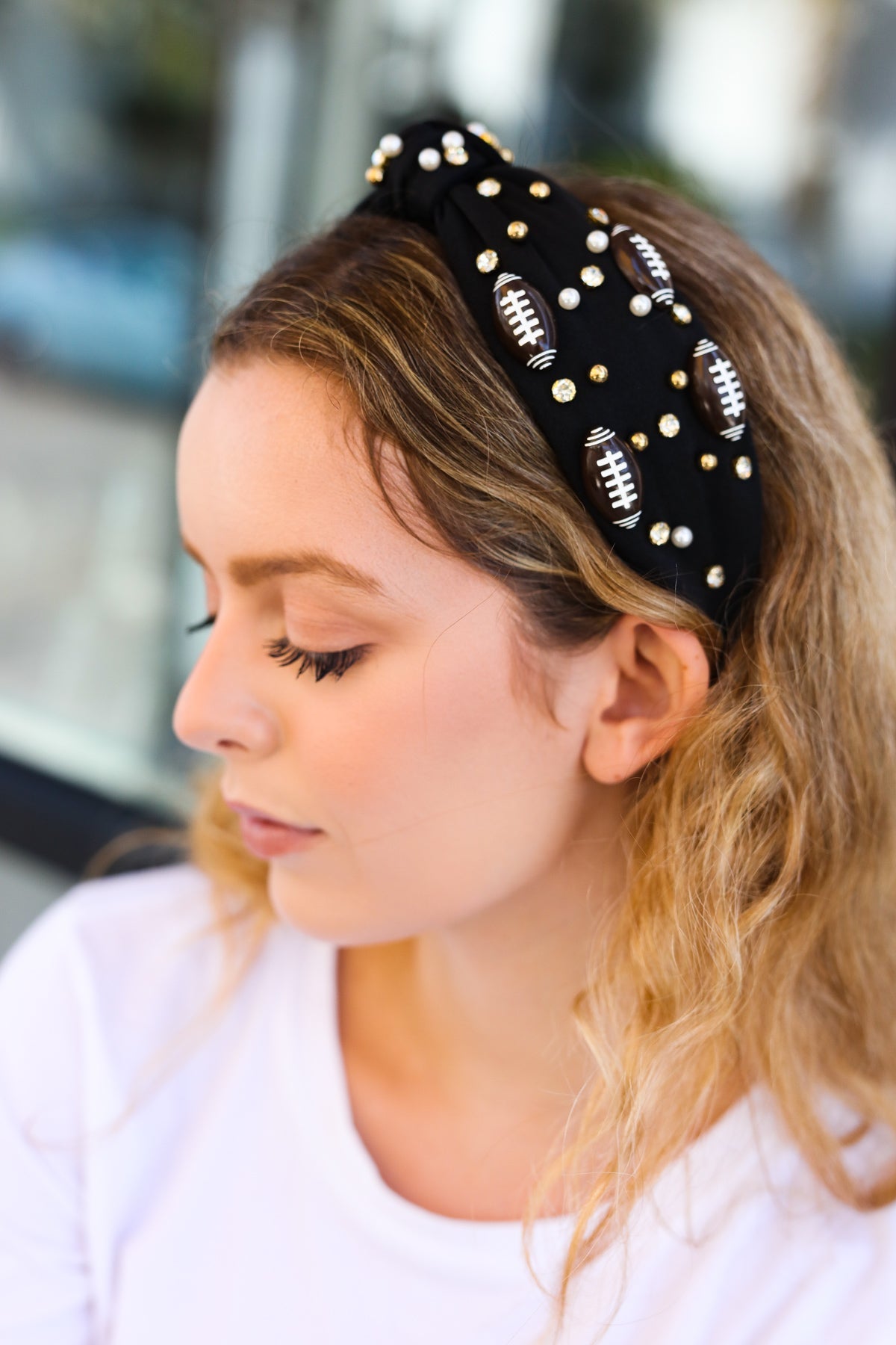 Black Stone & Gem Football Embellished Top Knot Headband