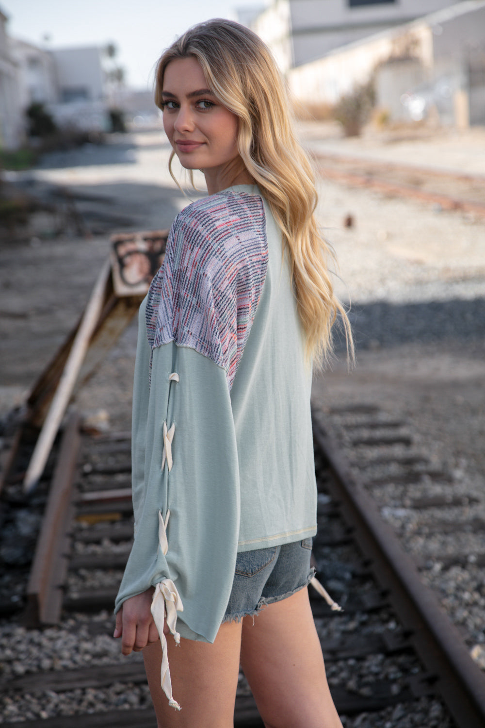 Mint Lace Up Long Sleeve French Terry Oversized Pullover