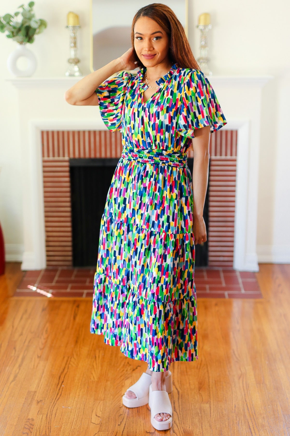 All For You Navy Multicolor Abstract Print Smocked Waist Maxi Dress