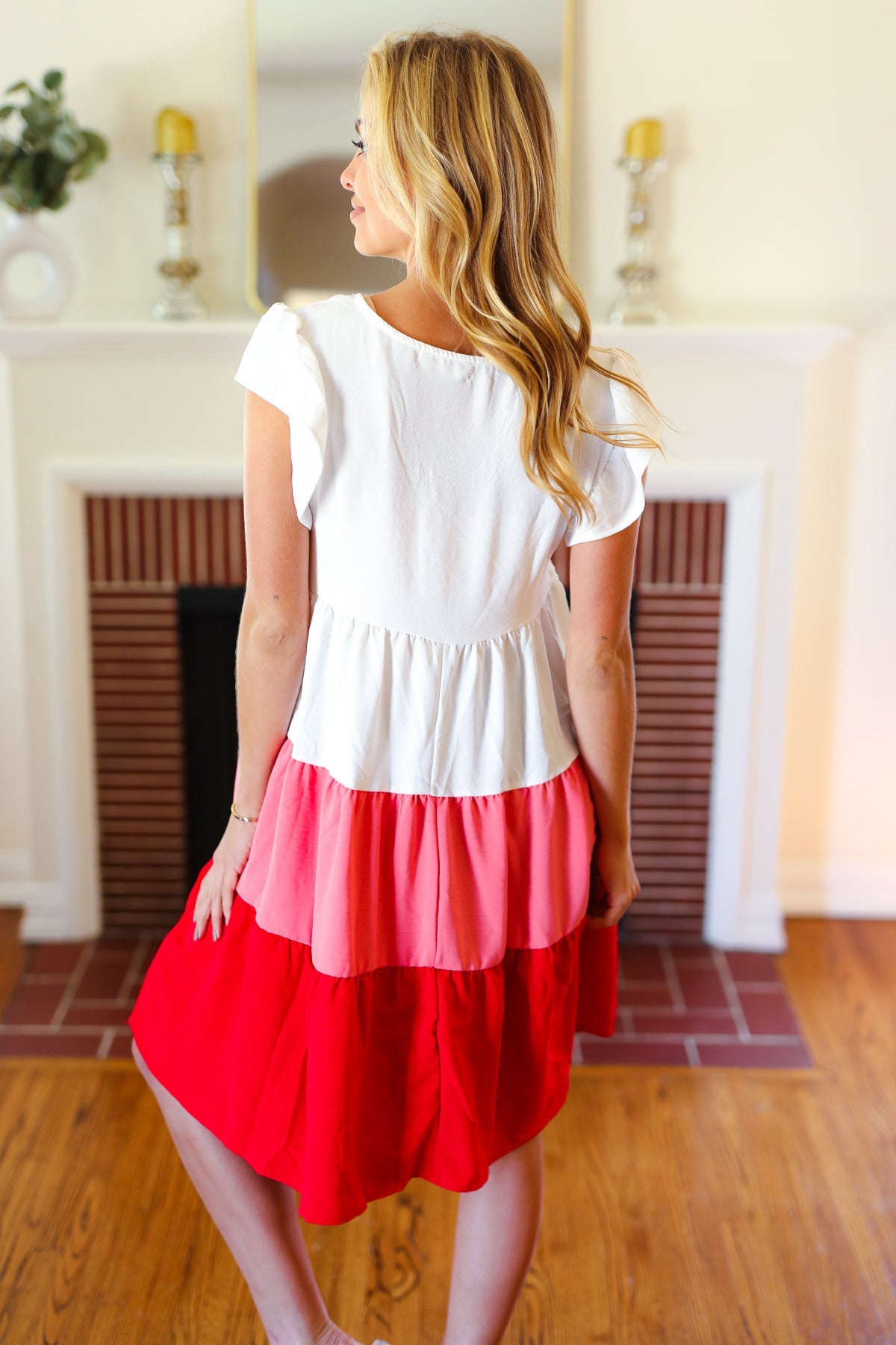 Peach & Cherry Red Tiered Frill Sleeve Midi Dress