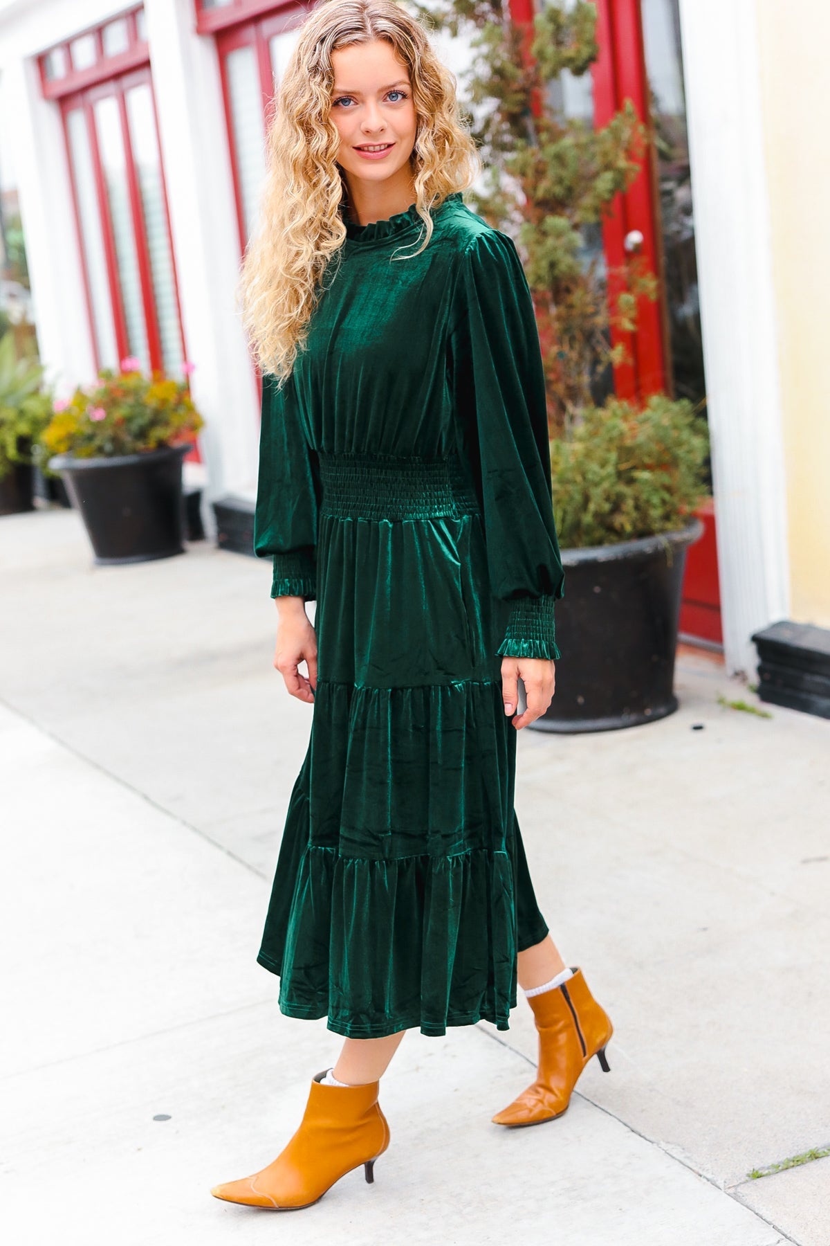 Holiday Dreaming Hunter Green Velvet Mock Neck Smocked Waist Dress