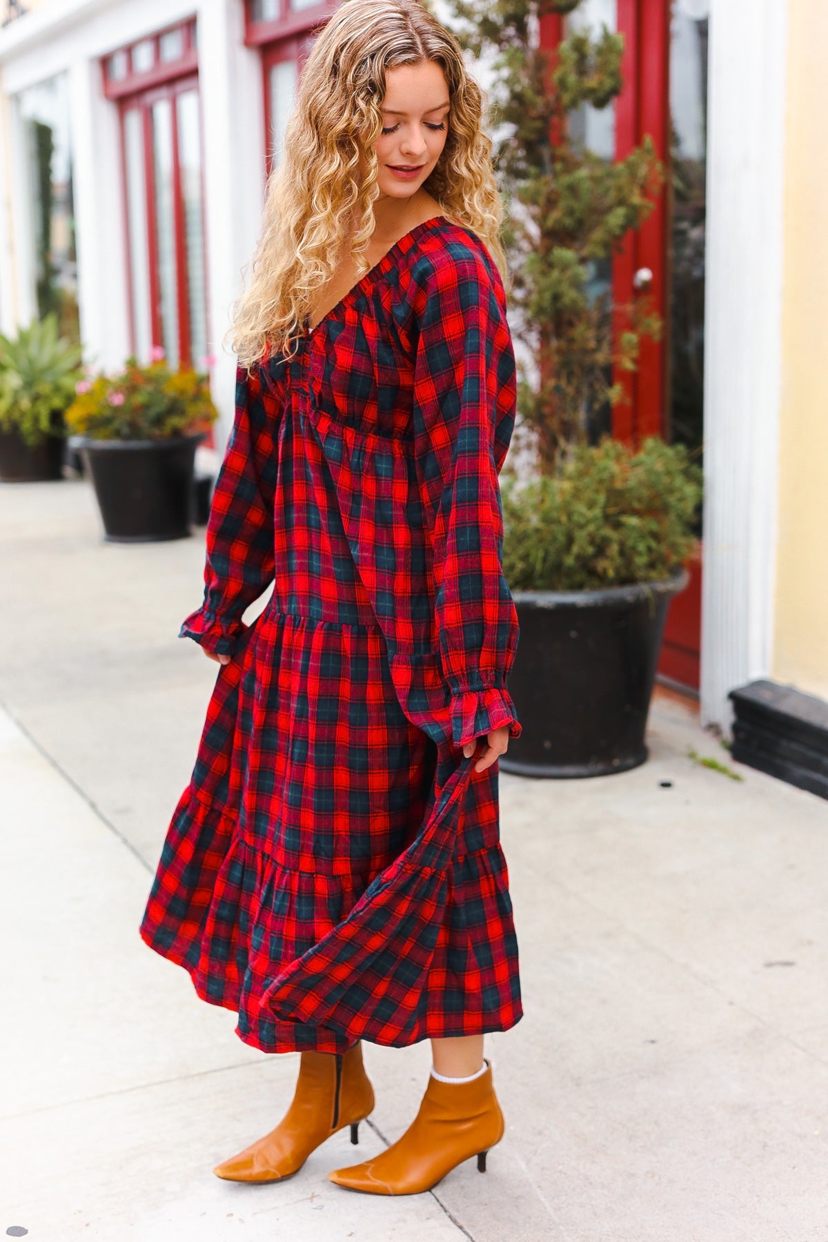 All I Want Red Plaid Elastic V Neck Tiered Maxi Dress