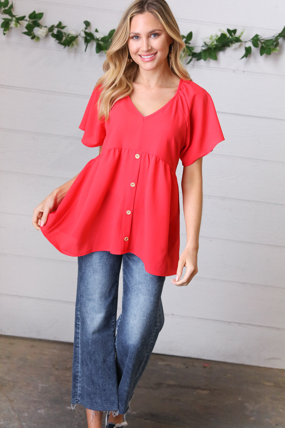 Cherry Red Babydoll Button Down Raglan Woven Top