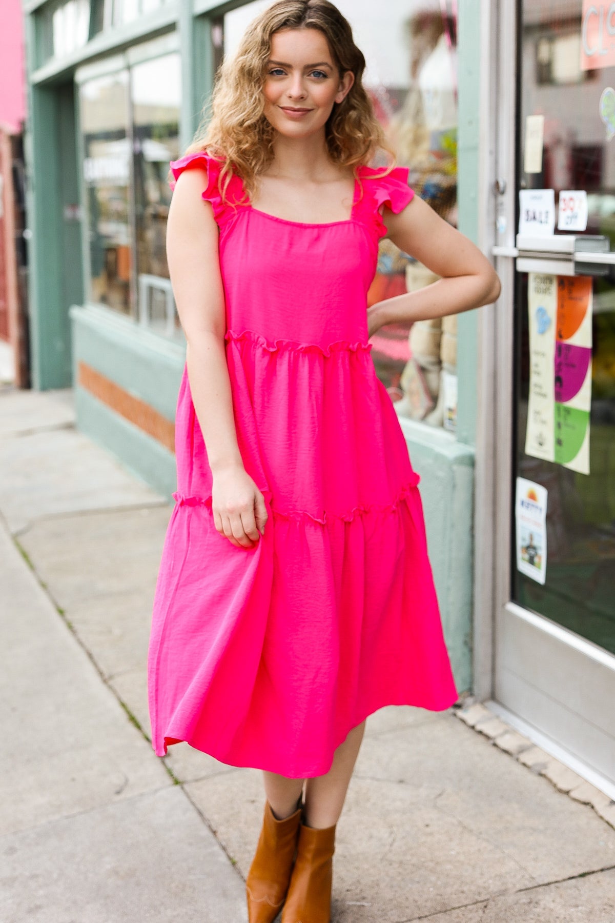 Lots To Love Fuchsia Smocked Flutter Sleeve Tiered Midi Dress