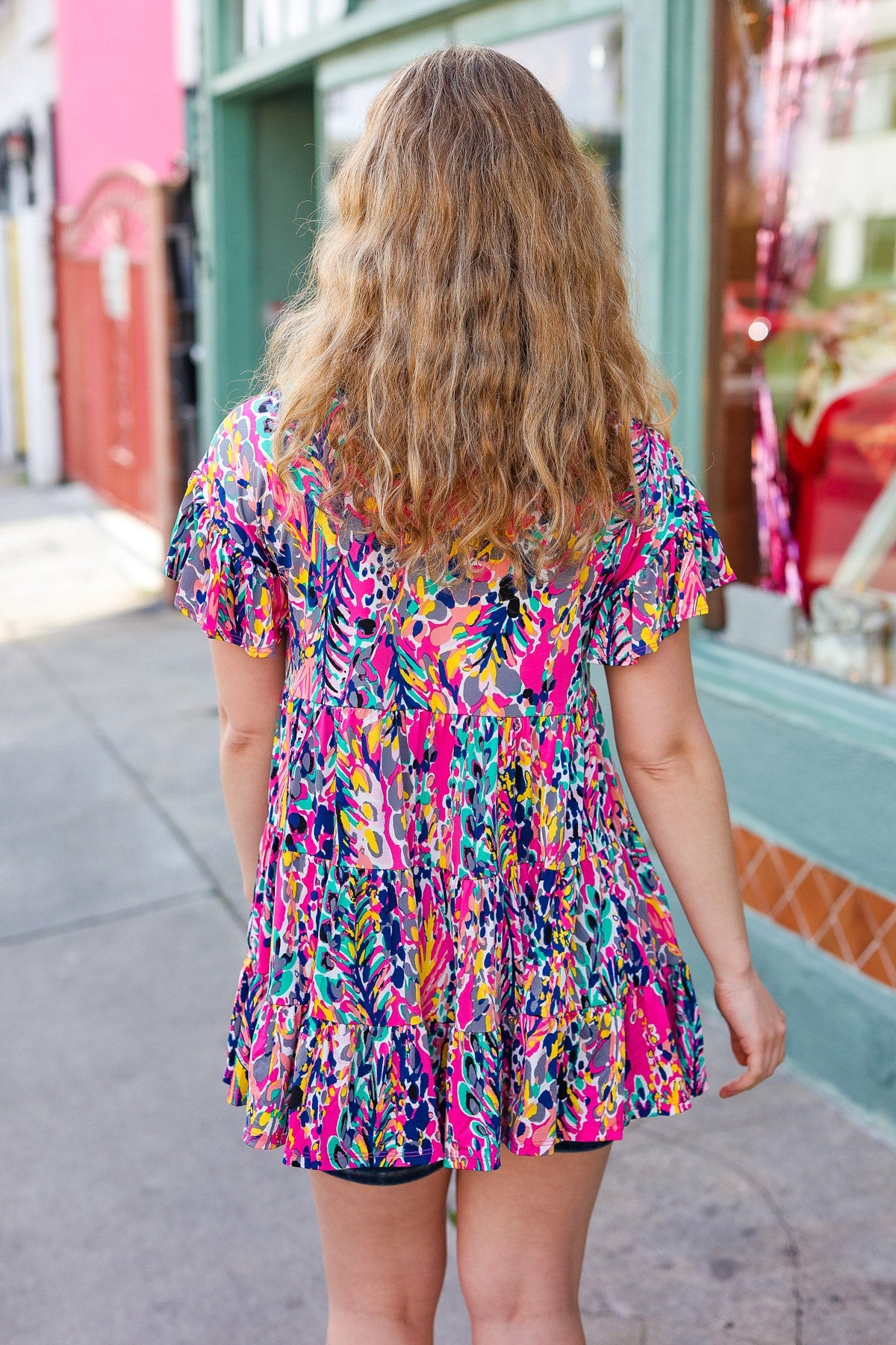 Femme' Fuchsia & Navy Floral Ruffle Hem Tiered Top