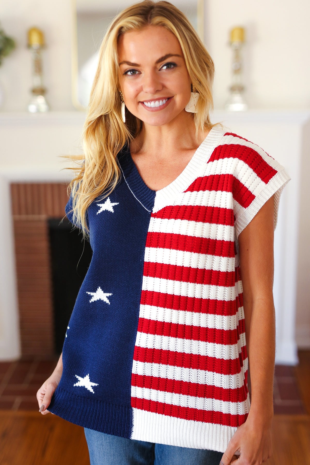 Stars & Stripes Americana V Neck Dolman Sweater Top