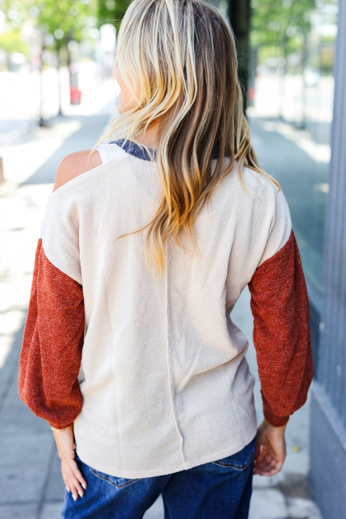 Oatmeal Textured Sweater Knit Cold Shoulder Top