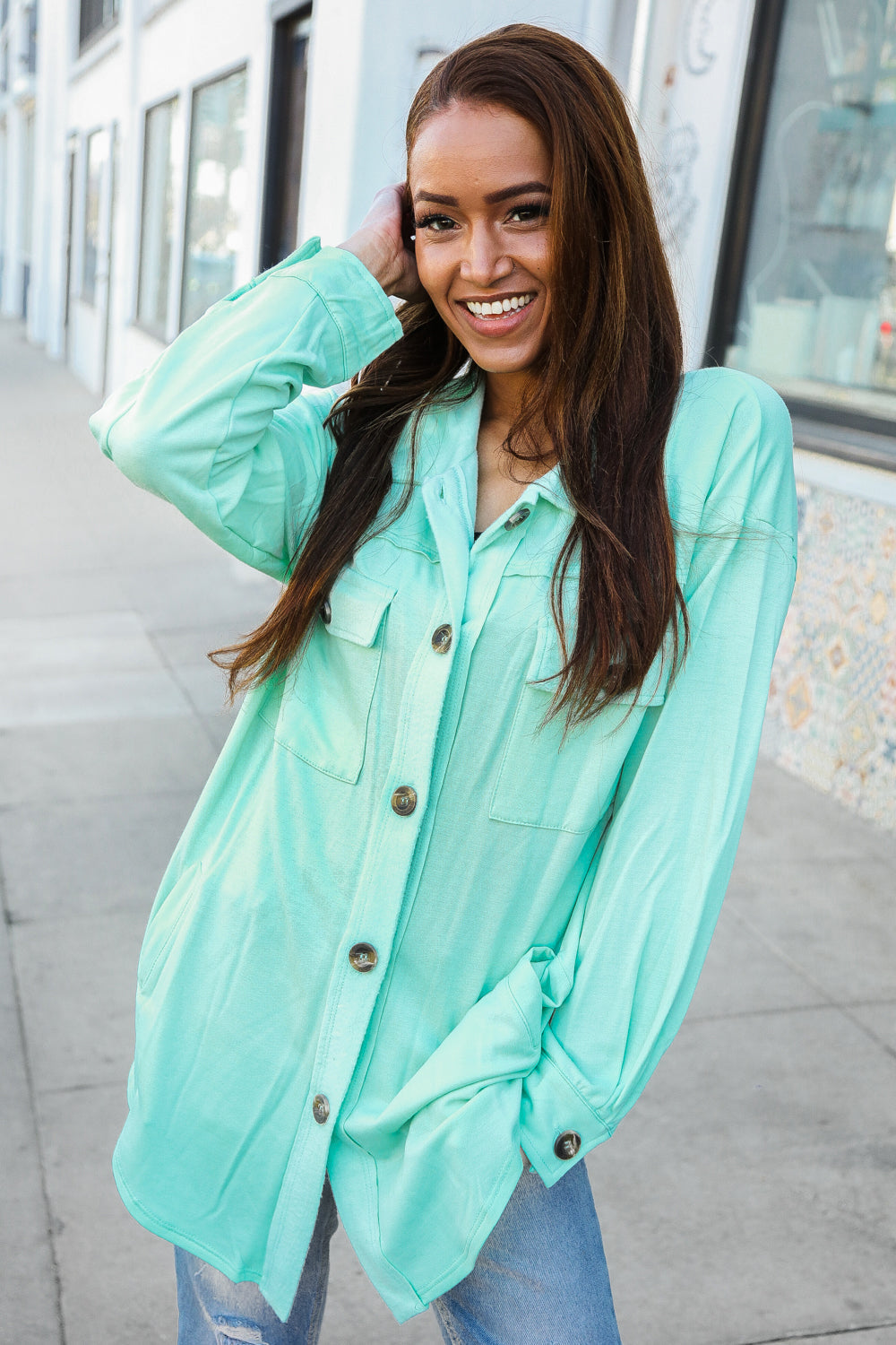 Put Together Mint Cut-Edge Button-Down Long Shirt Top