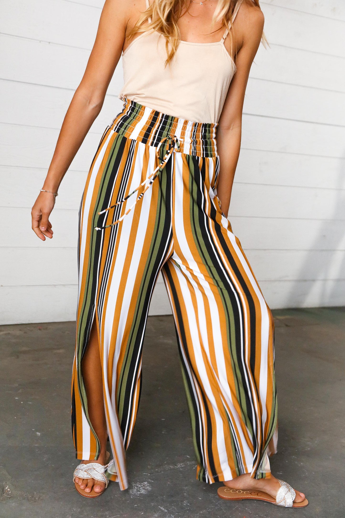 Tan & Green Vertical Stripe Smock Waist Side Slit Palazzo Pants