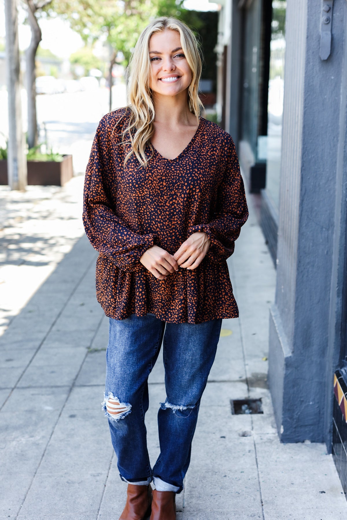 Navy & Rust Leopard Woven Babydoll Top