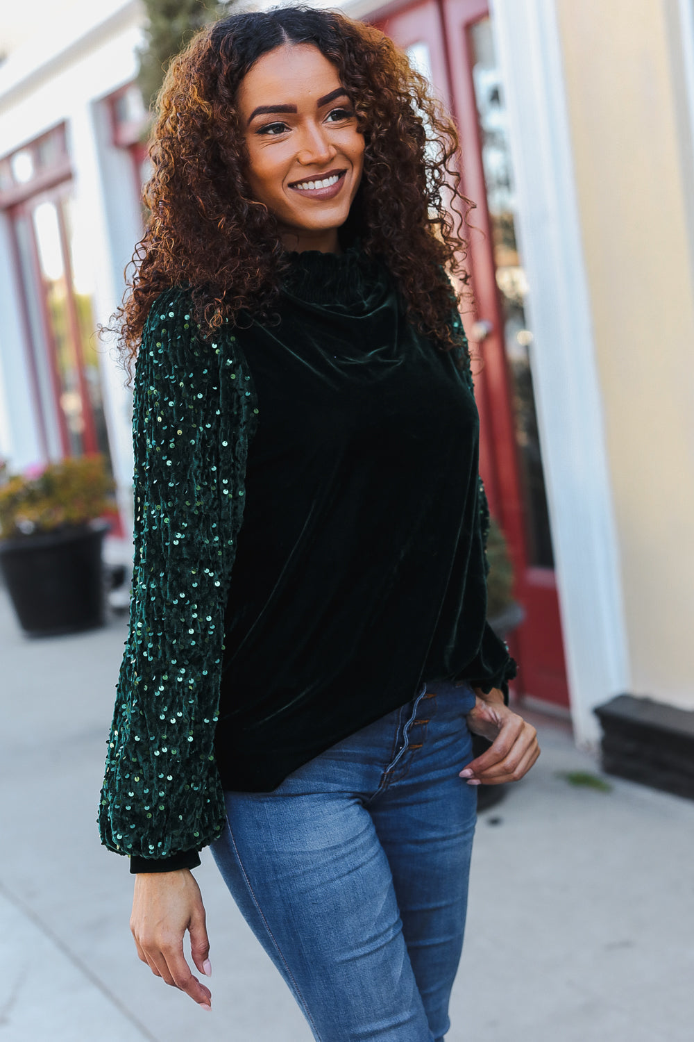 Under the Lights Green Velvet & Sequin Frill Mock Neck Top