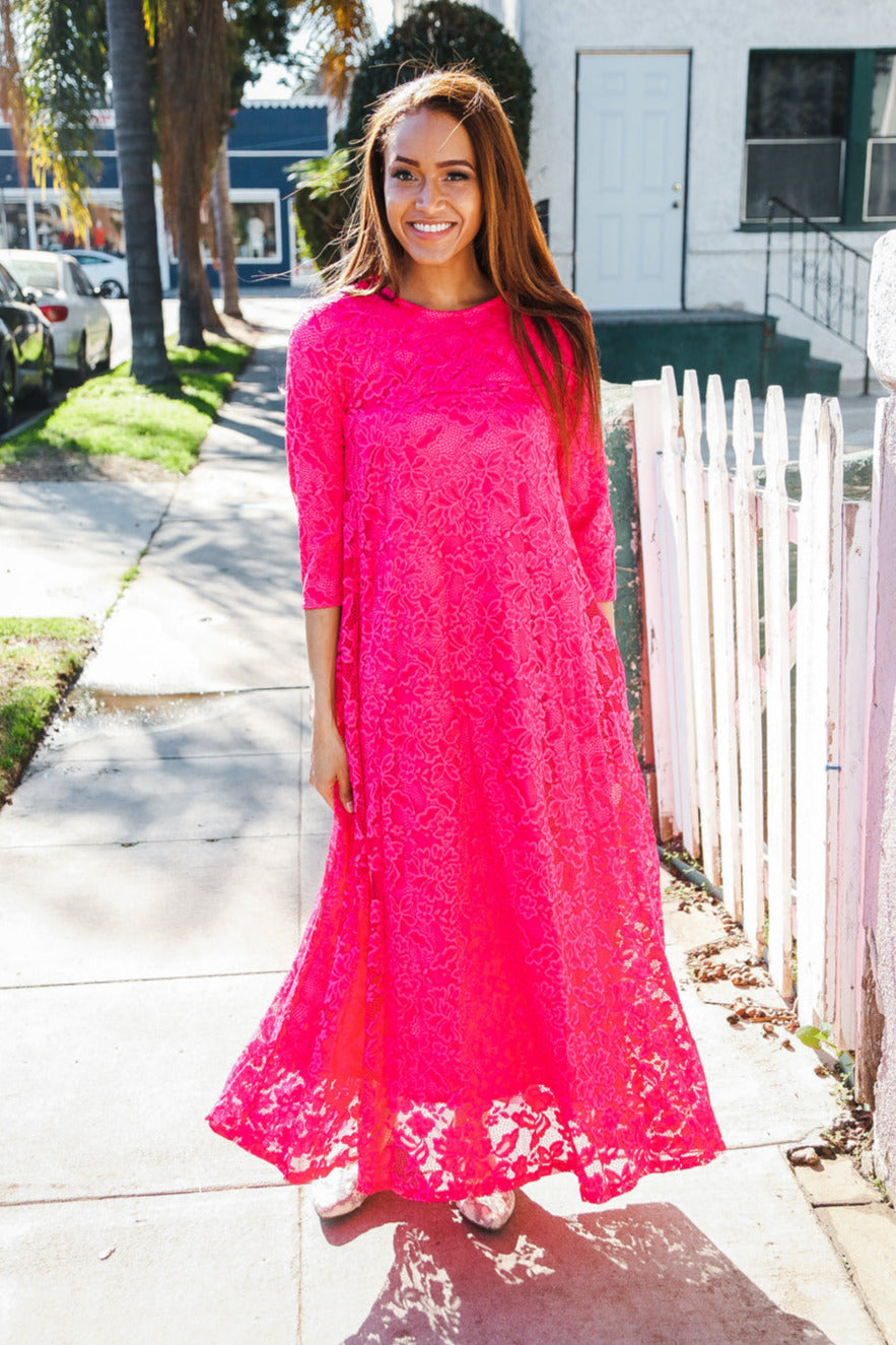 Diva Dreaming Fuchsia Three-Quarter Sleeve Floral Crochet Lined Maxi Dress