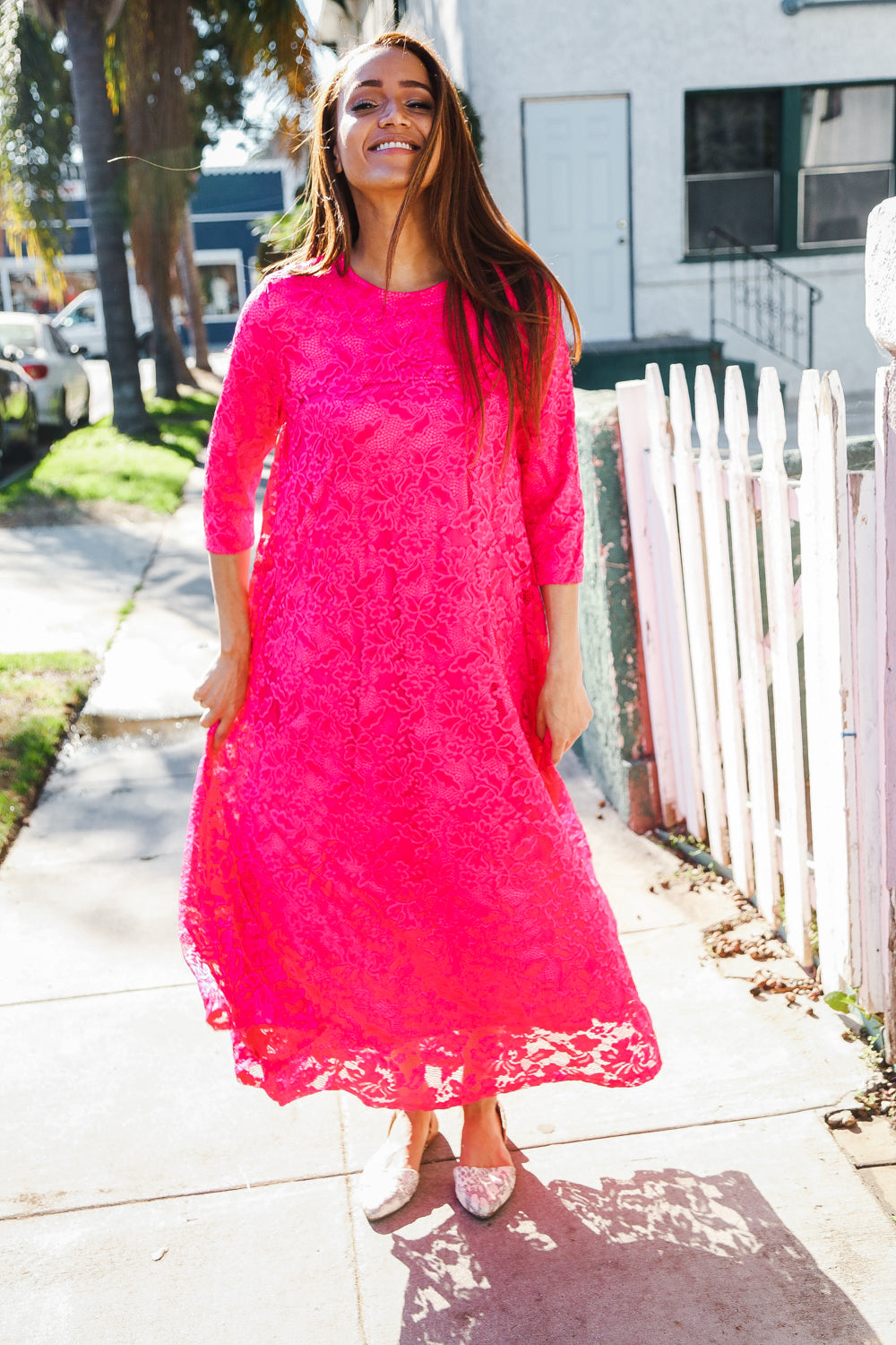 Diva Dreaming Fuchsia Three-Quarter Sleeve Floral Crochet Lined Maxi Dress