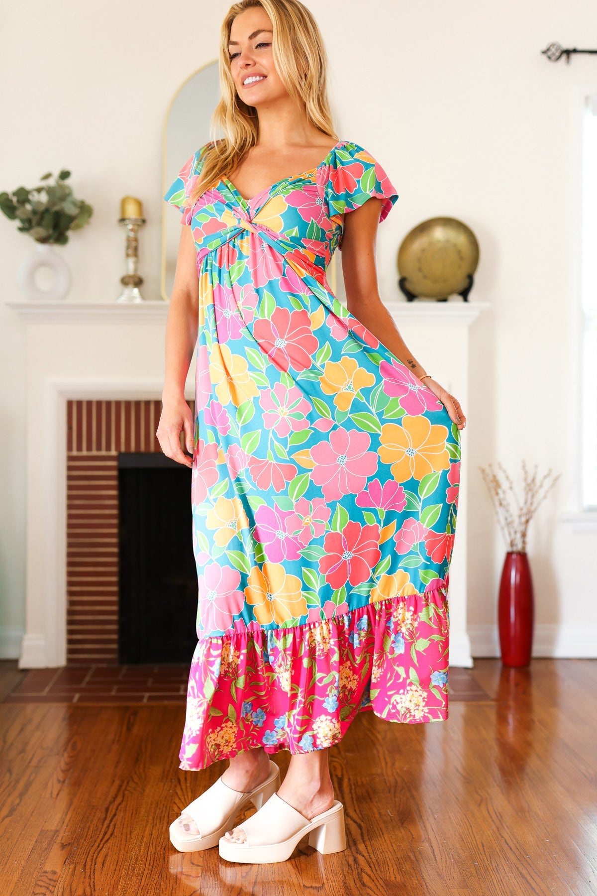 Vacay Vibes Blue Floral Print Sweetheart Twisted Neckline Maxi Dress