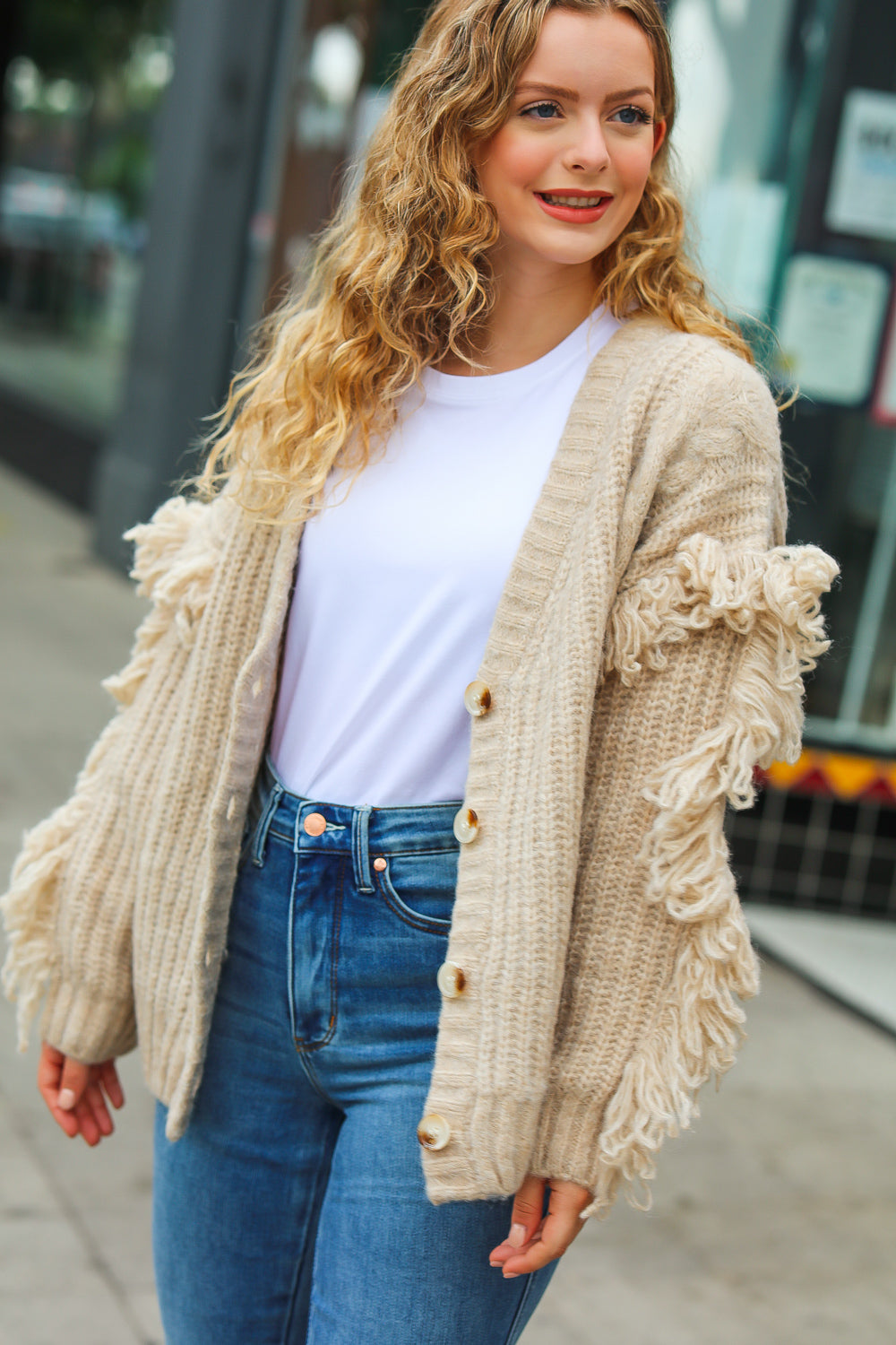 Weekend Ready Oatmeal V Neck Fringe Chunky Cable Cardigan