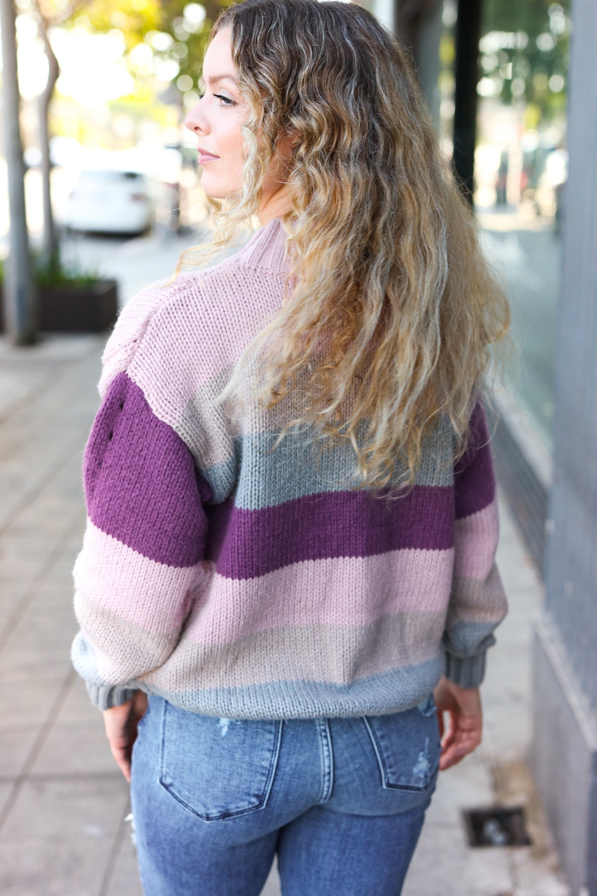 Fall For You Mauve Multicolor Stripe Cable Knit Mock Neck Sweater