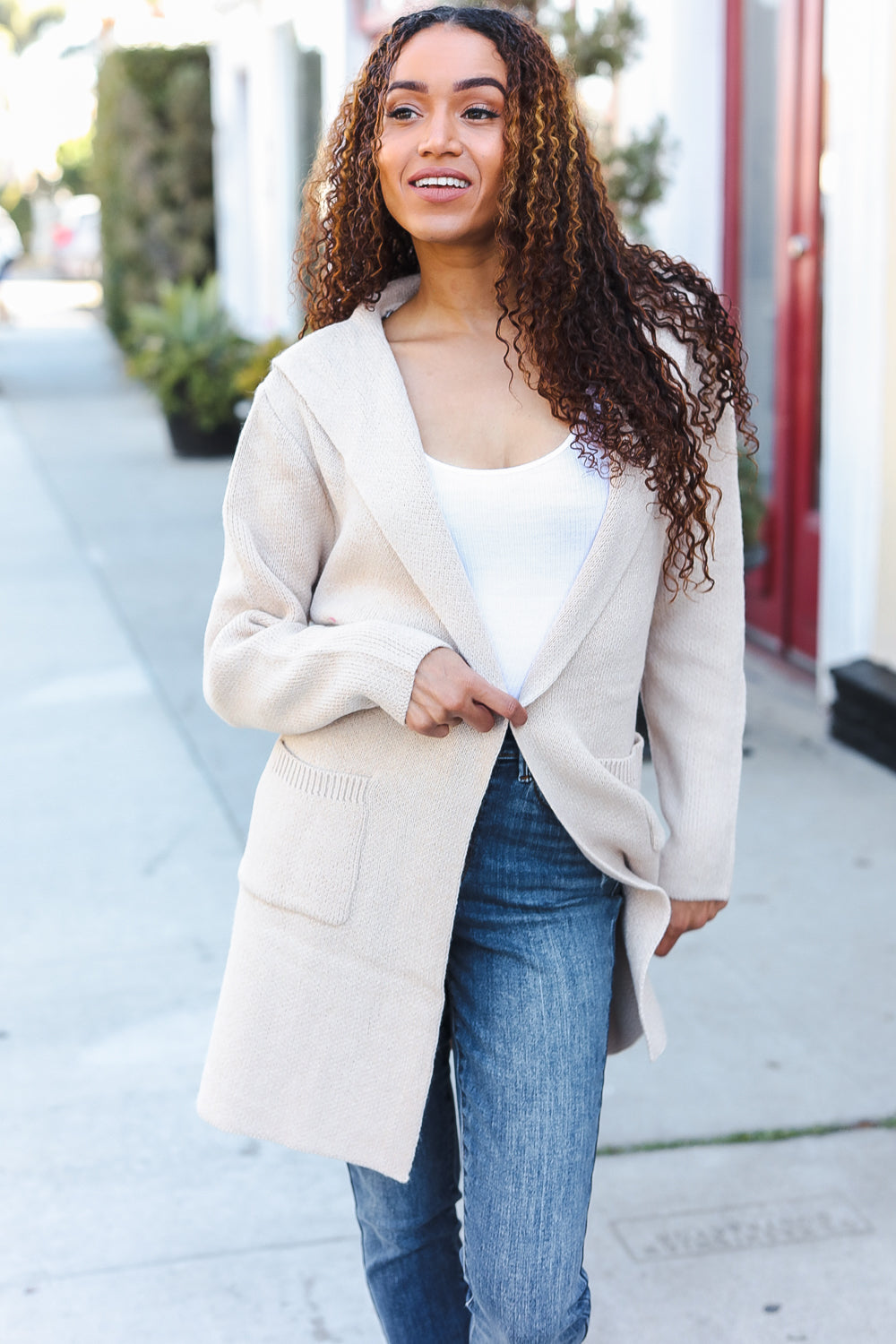 Taupe Open Sweater Cardigan Hoodie With Pockets