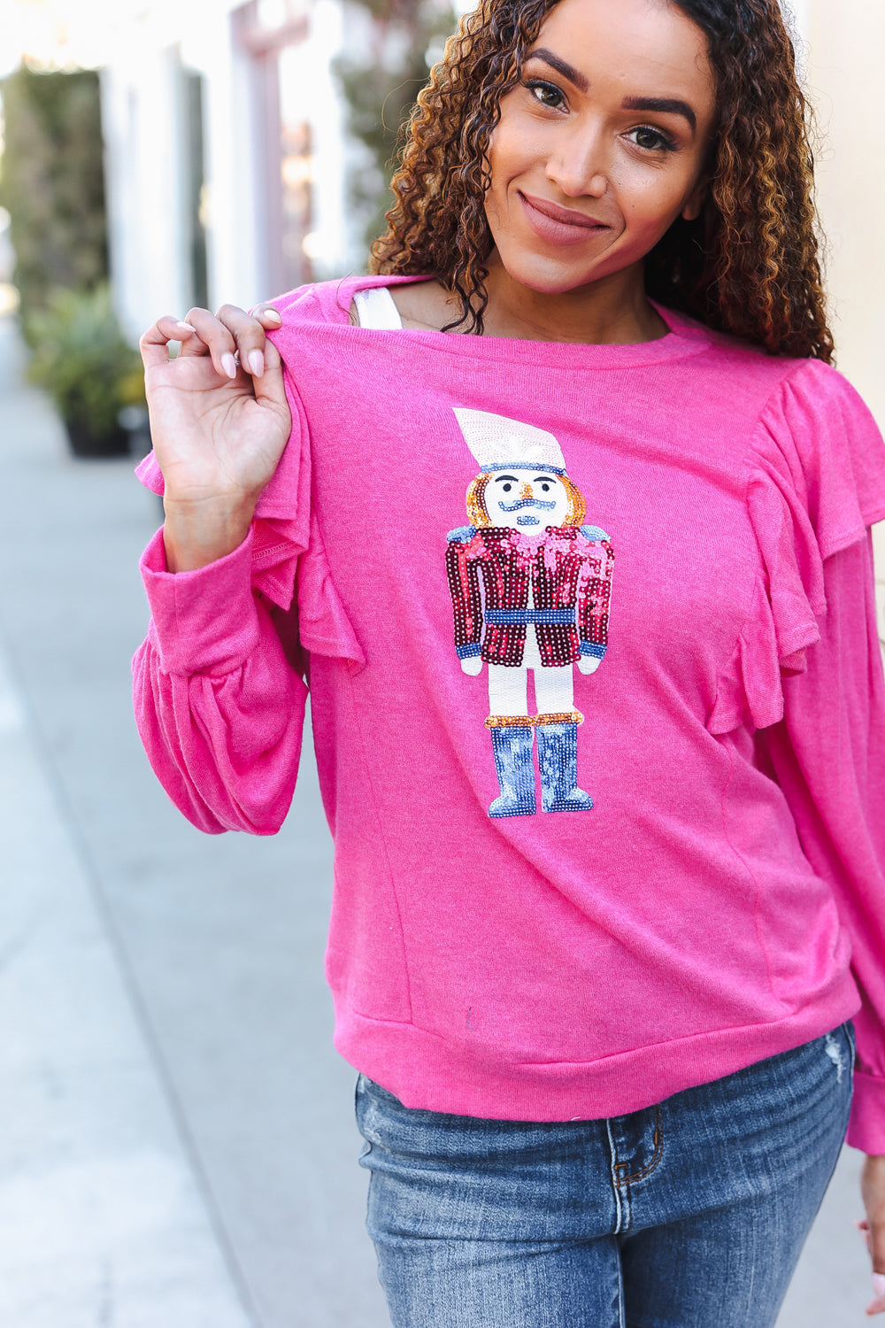 Holiday Hot Pink Sequin Nutcracker Ruffle Hacci Sweater