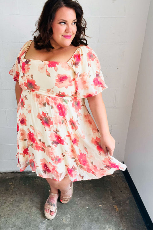 Peach Floral Chiffon Puff Sleeve Dress