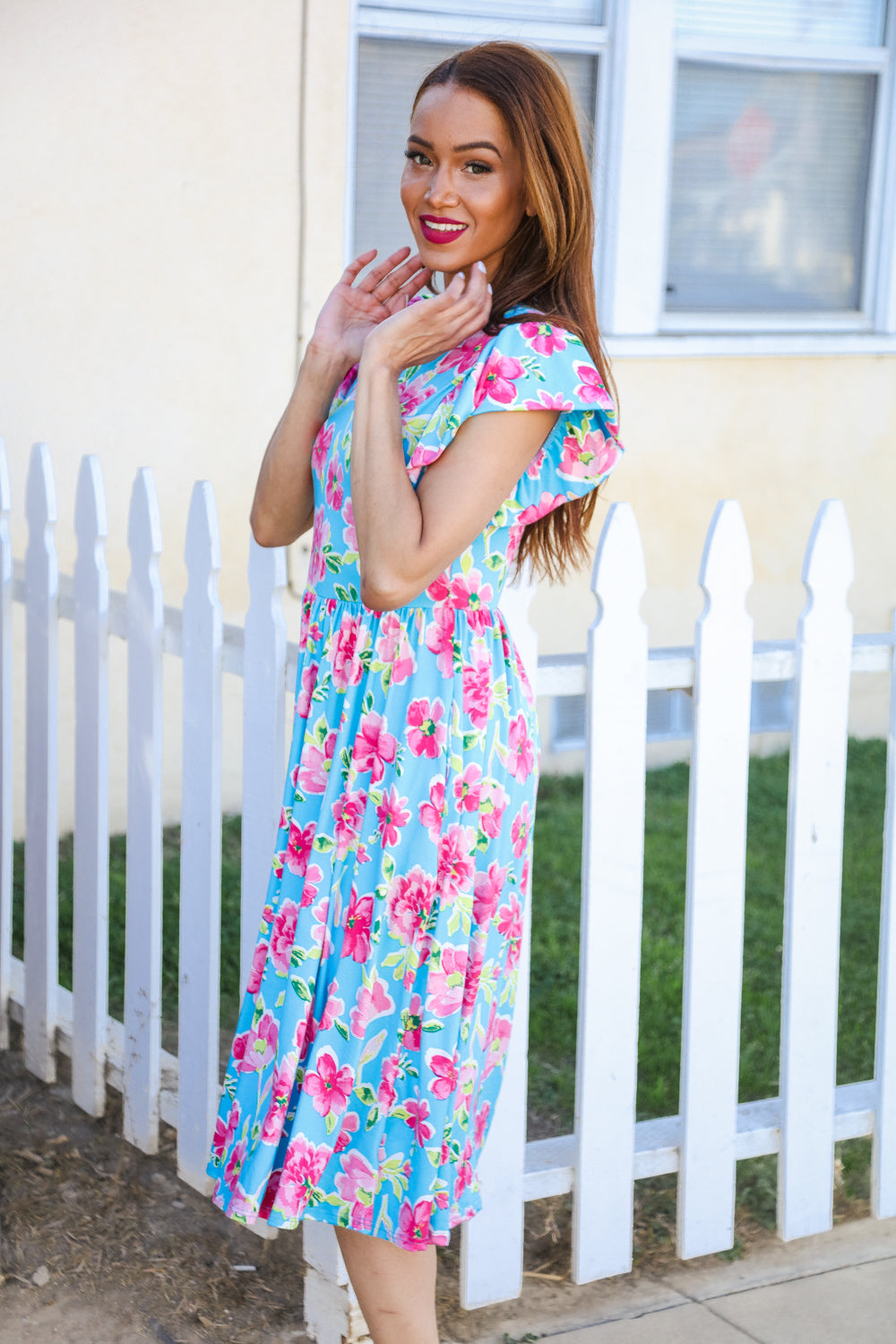 Feeling Femme Sky Blue Big Floral Folded Ruffle Sleeves Midi Dress