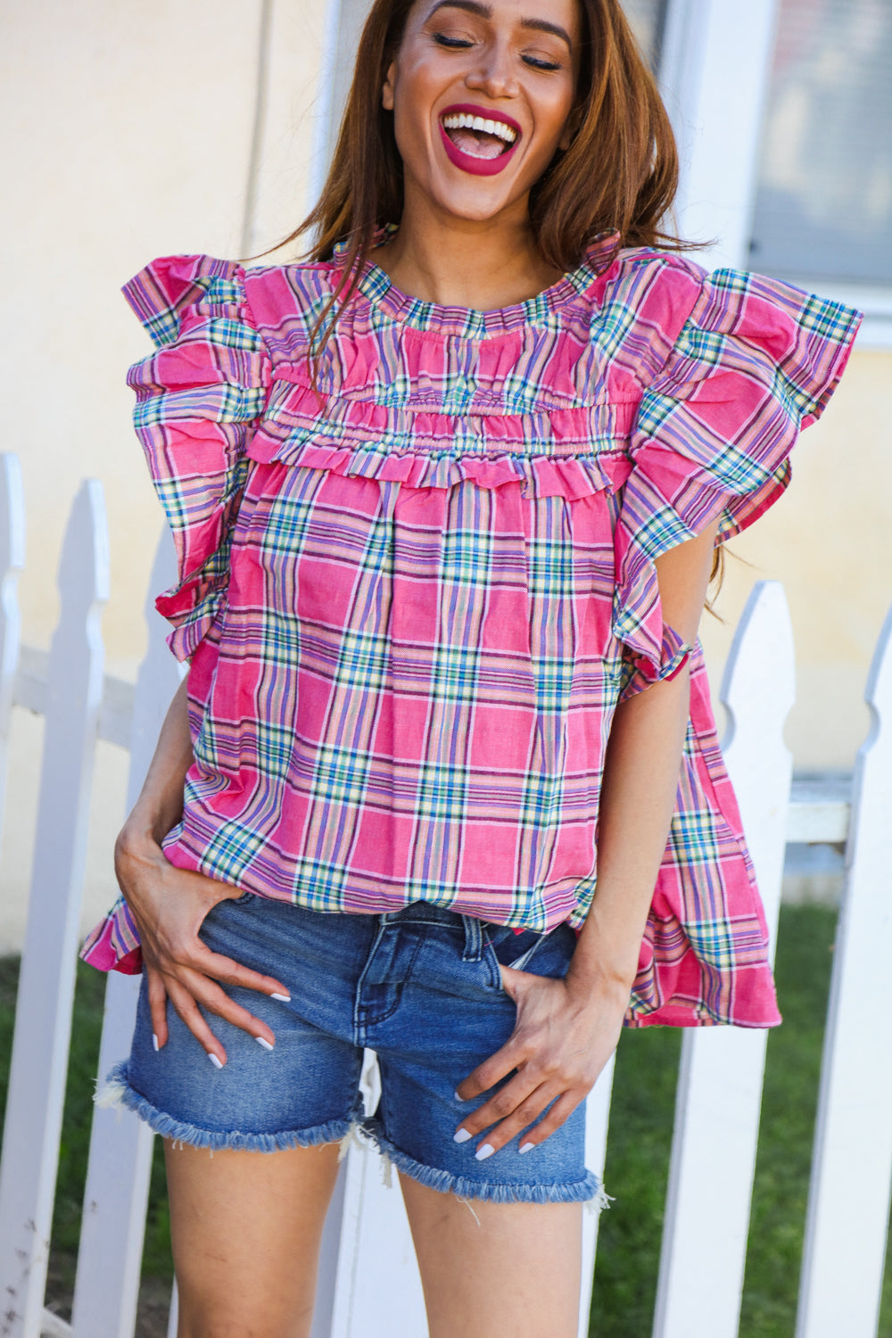 Live For Today Cotton Fuchsia Plaid Shirred Flutter Sleeve Top