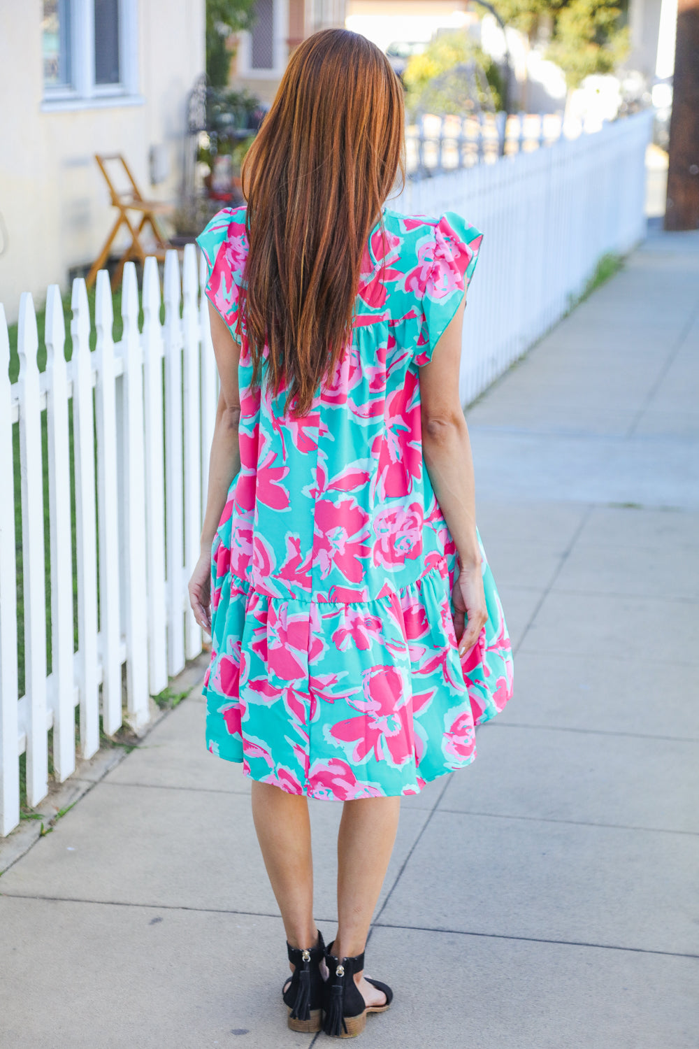 Diva Dreaming Aqua Floral Print Tiered Ruffle Sleeve Dress