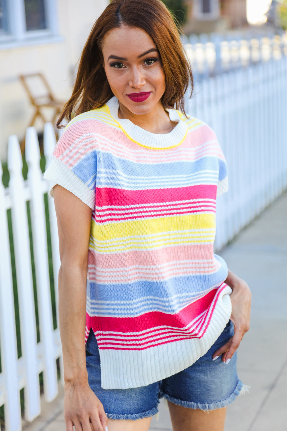 Feeling Playful Blue & Fuchsia Striped Short Dolman Sleeve Knit Top