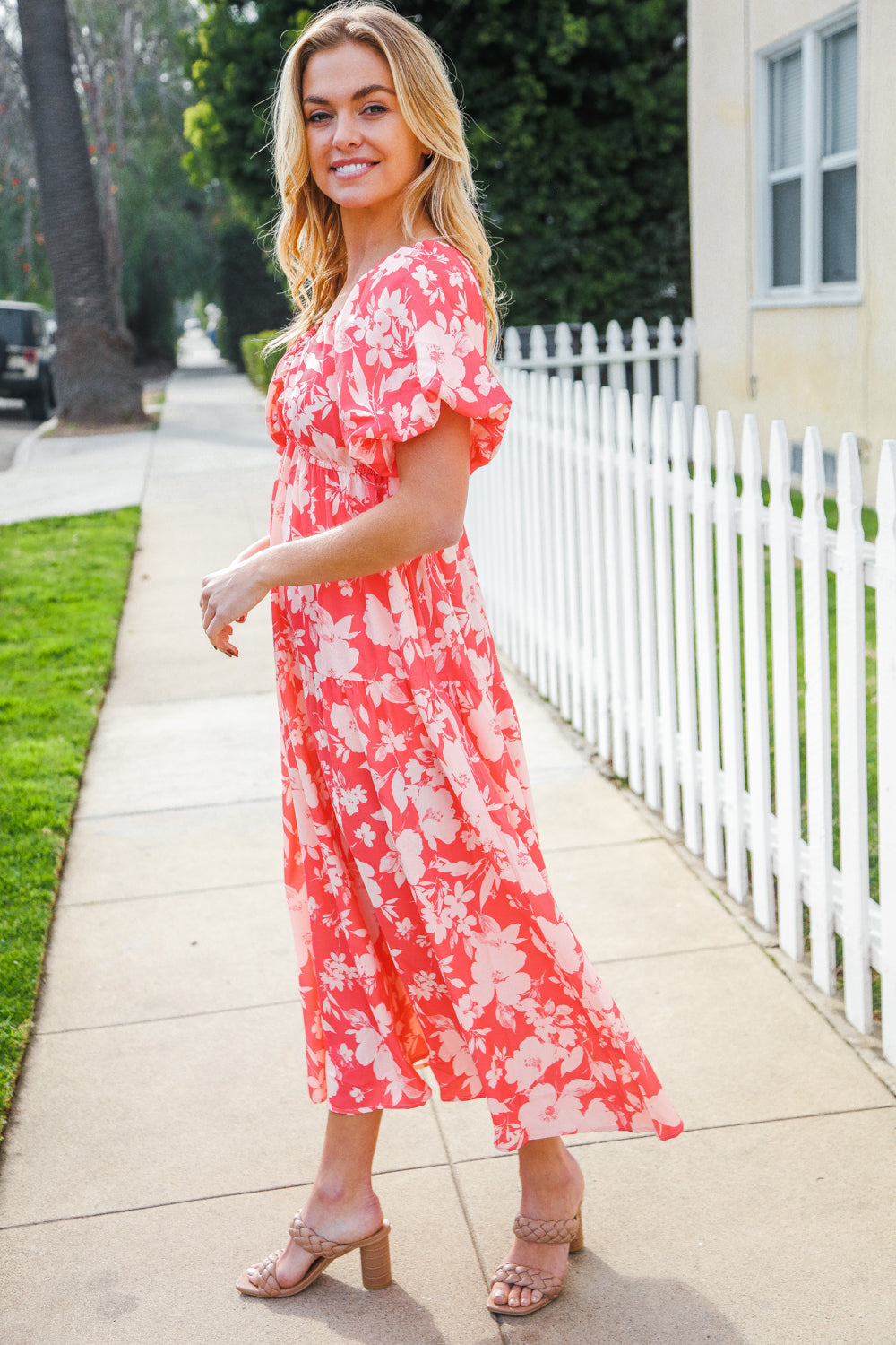 Hello Beautiful Coral Elastic V Neck Tiered Big Floral Maxi Dress