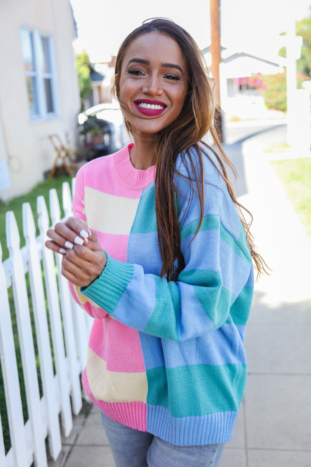 Catch Glances Blush & Blue Stripe Color Block Knit Sweater