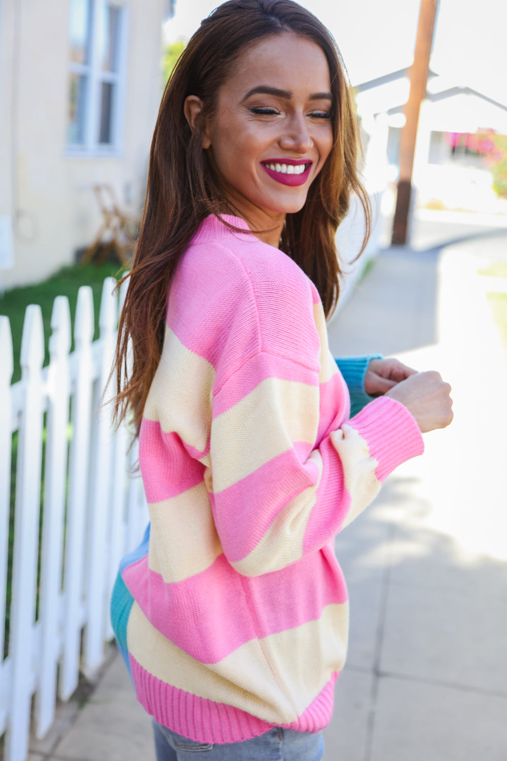 Catch Glances Blush & Blue Stripe Color Block Knit Sweater