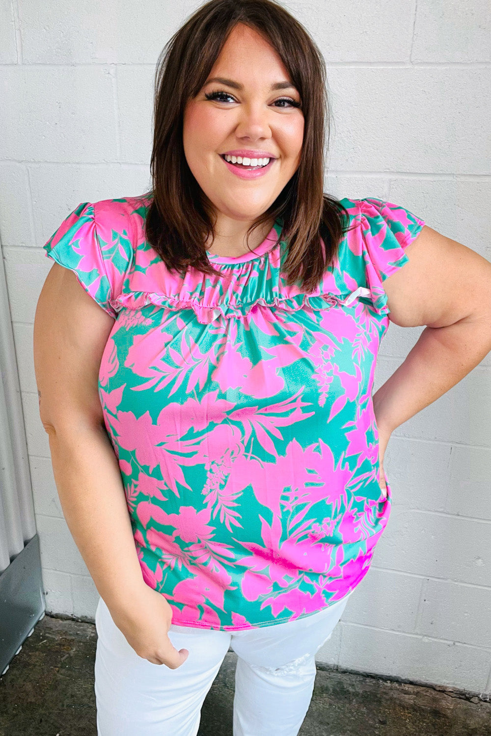 Pink & Green Floral Print Frilled Short Sleeve Yoke Top