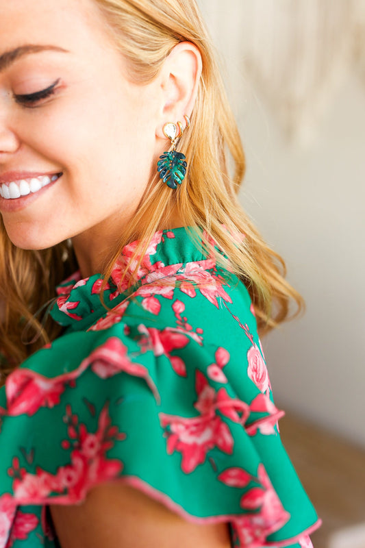 Emerald & Gold Monstera Leaf Dangle Earrings