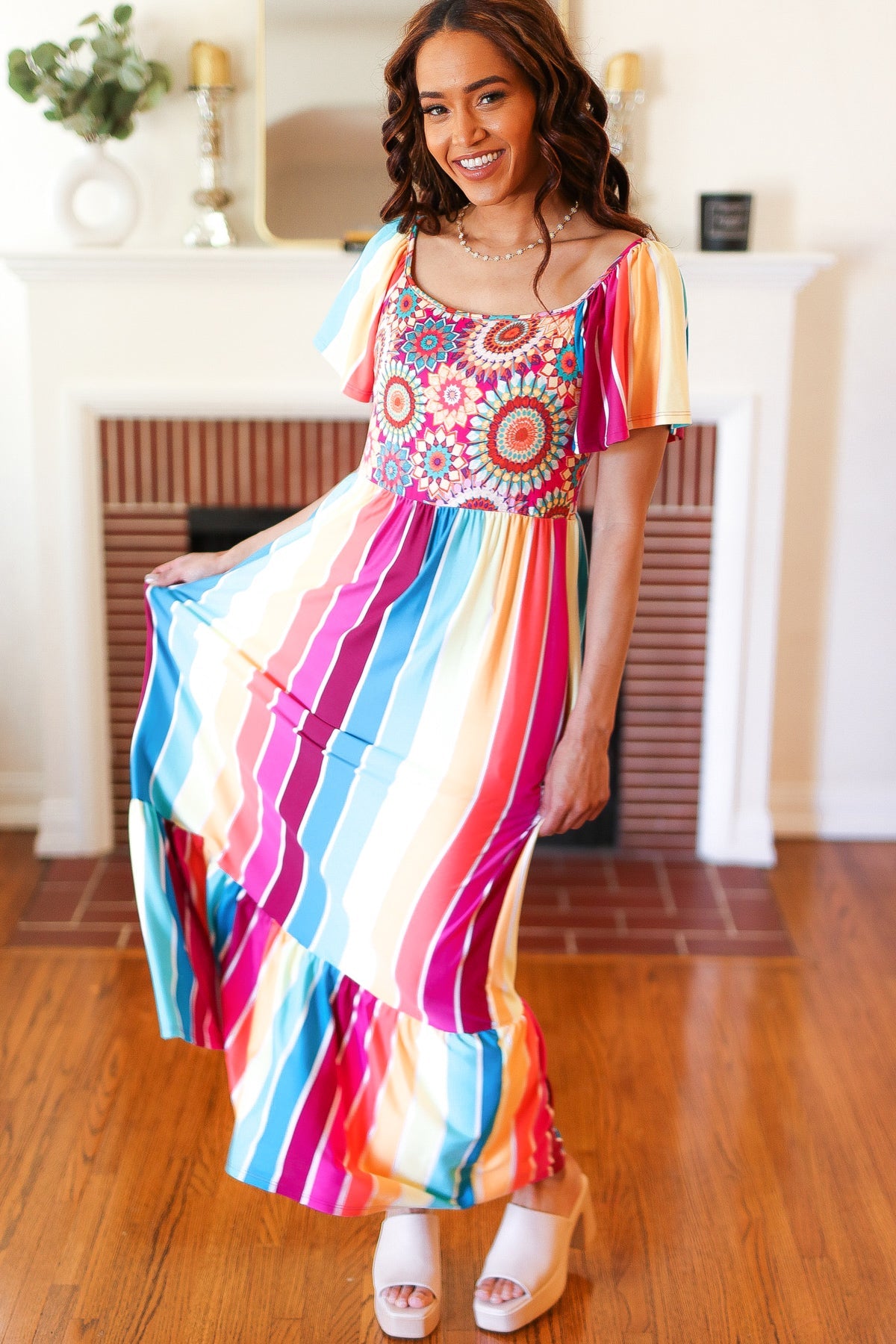 Feeling Bold Fuchsia & Teal Striped Medallion Crochet Print Dress