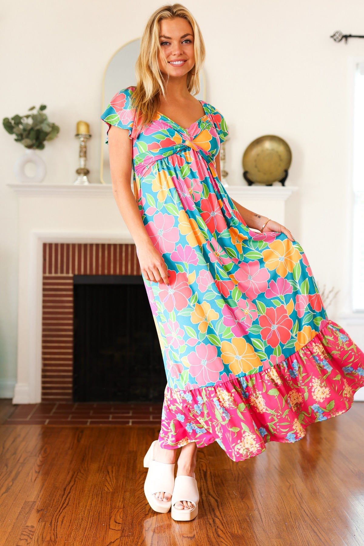 Vacay Vibes Blue Floral Print Sweetheart Twisted Neckline Maxi Dress