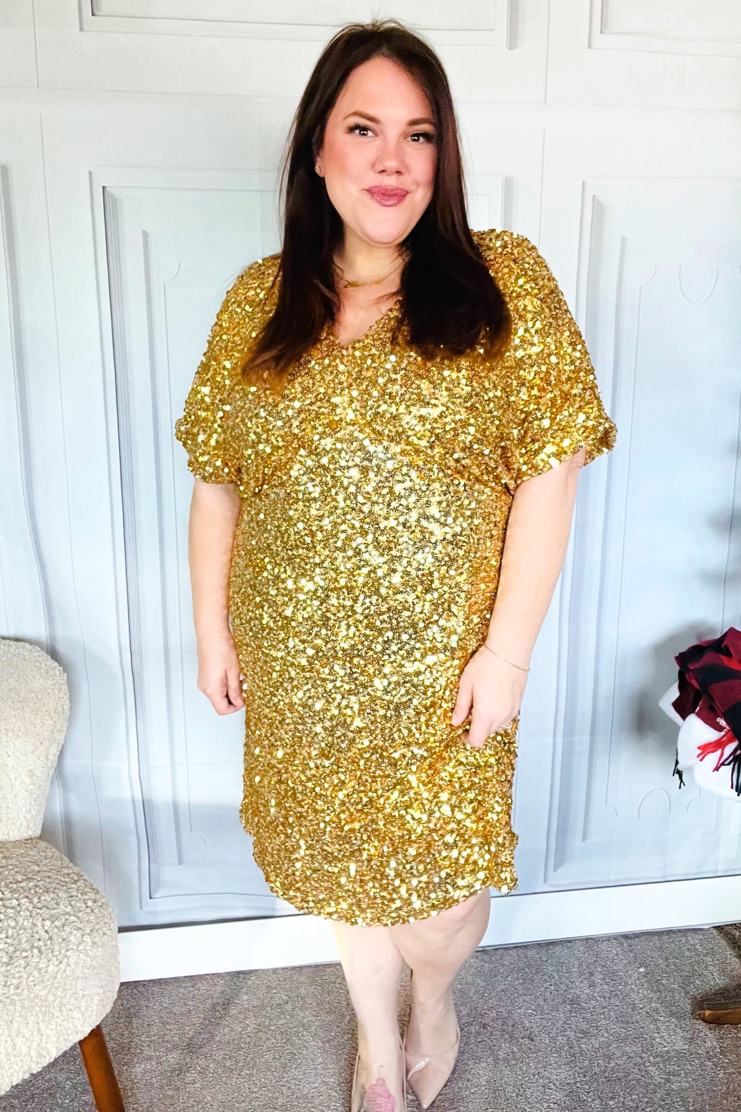 New Year Diva Dolman Gold Sequined Lined Babydoll Dress