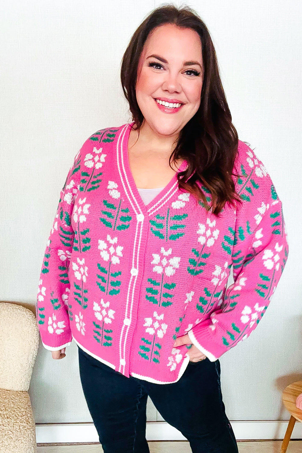 All For Love Fuchsia Flower Print Button Down Knit Cardigan