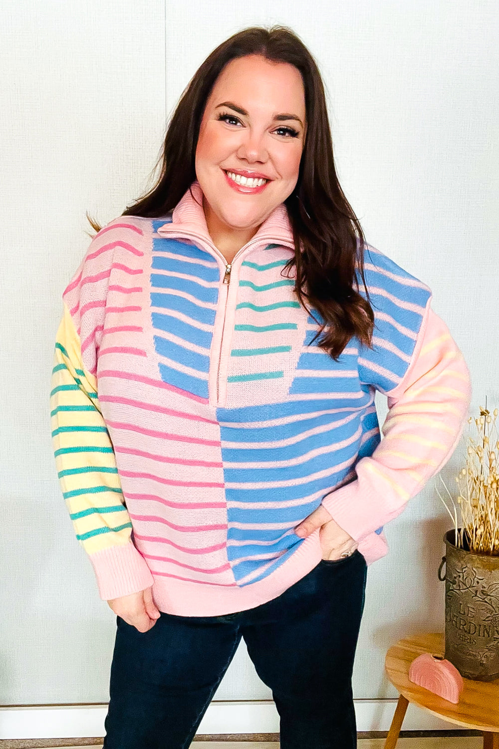 Perfectly Poised Blush & Blue Stripe Half Zip Up Oversized Sweater