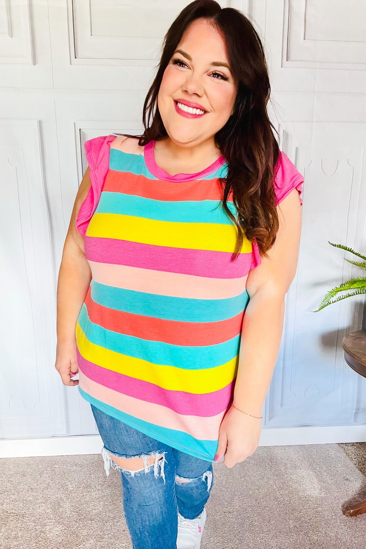 Relaxed Fun Mint & Fuchsia Stripe Flutter Sleeve Terry Knit Top