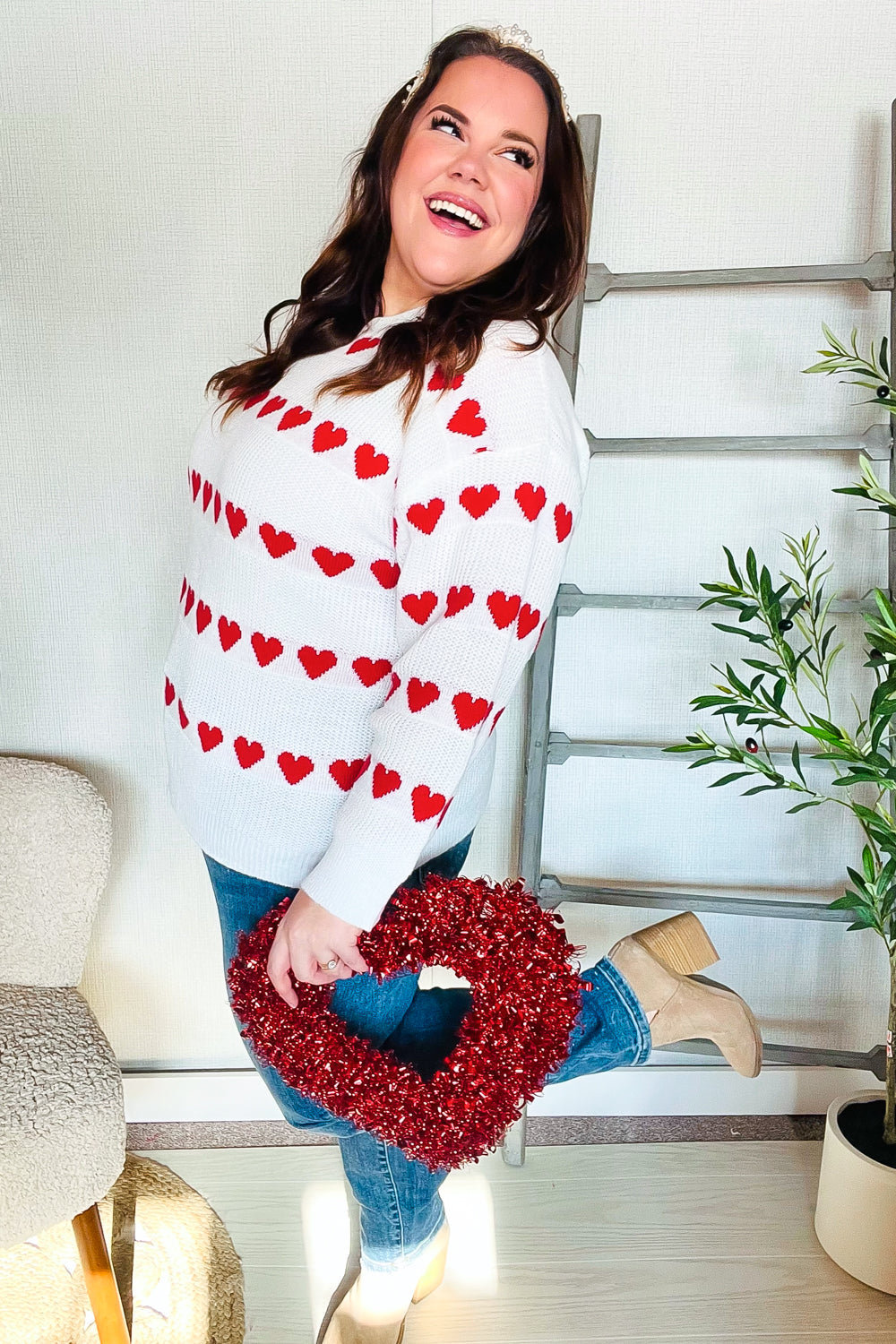 Be Mine White Jacquard Heart Stripe Pullover Sweater