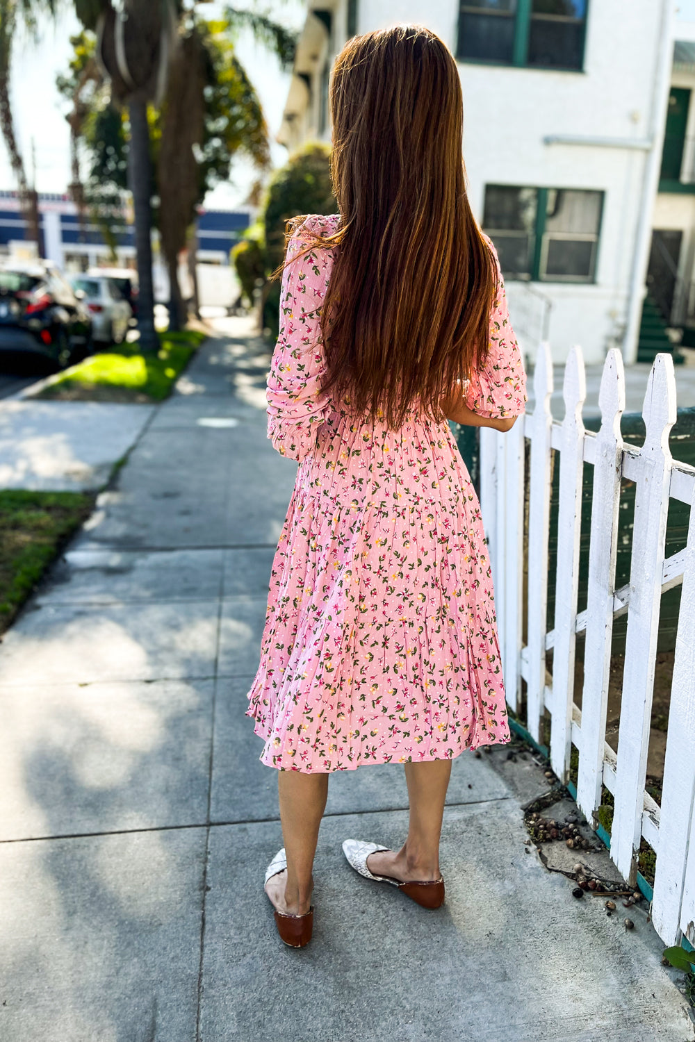 Feeling Femme Pink Ditzy Floral V Neck Tiered Lined Dress